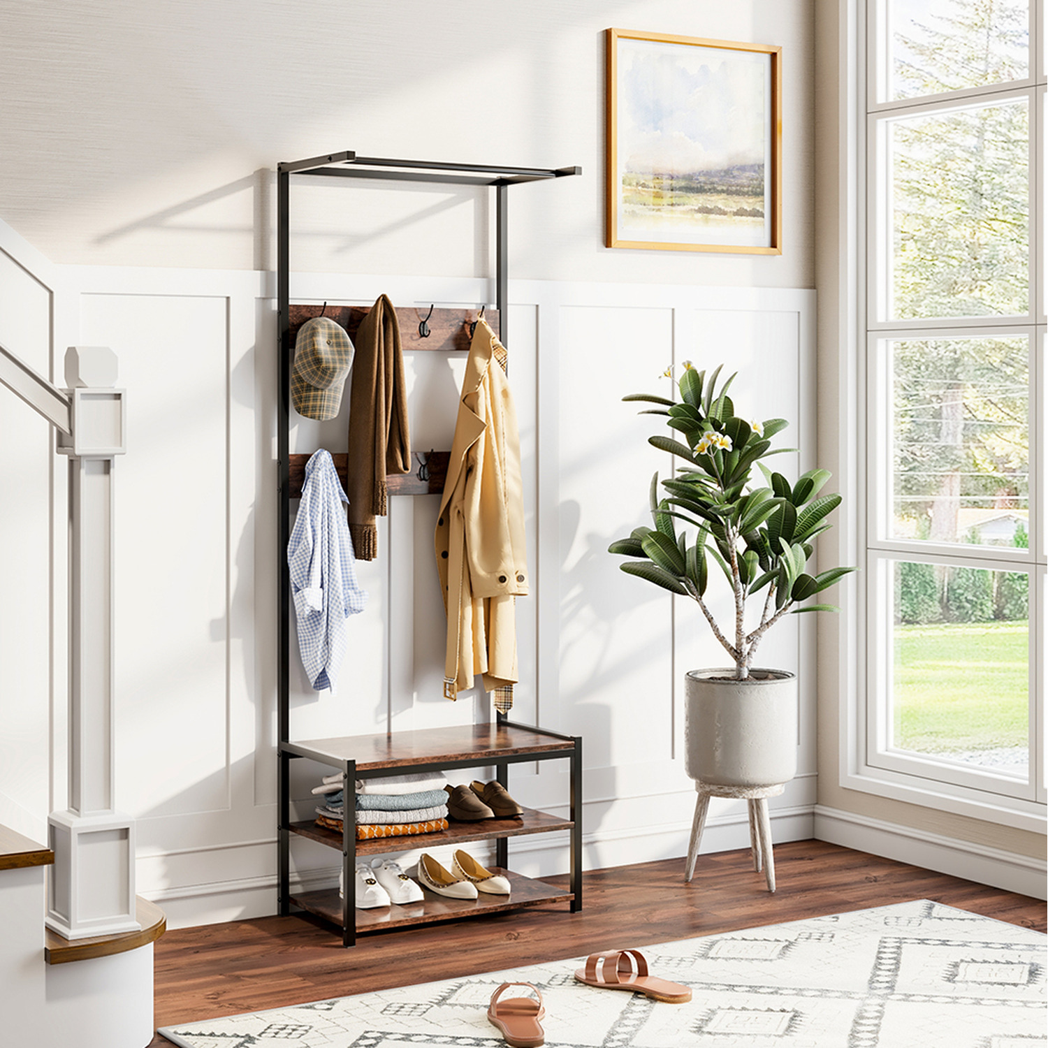 Coat Rack with Shelves - Brown+Black / 60cm