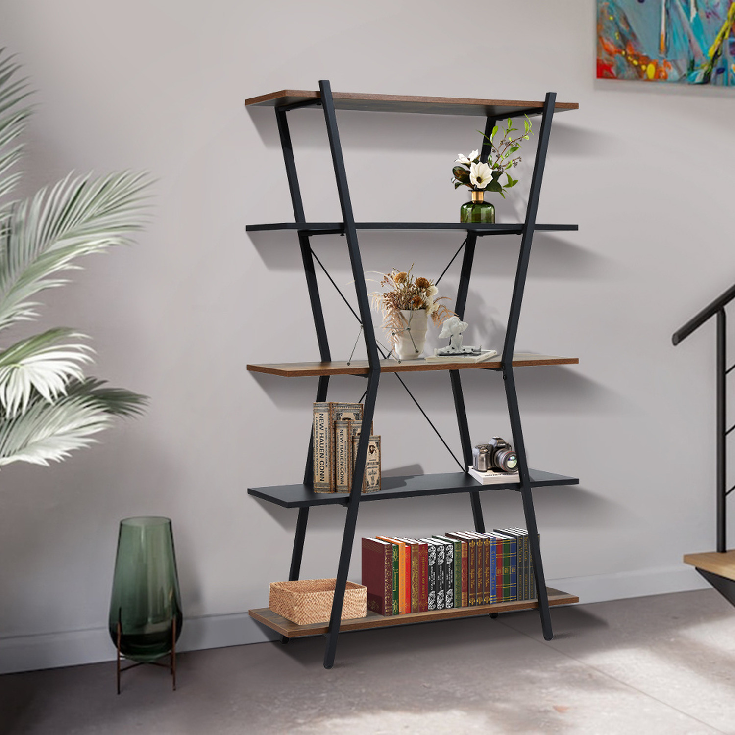Industrial 5-Tier Open Display Shelf Storage Rack - Brown and Black