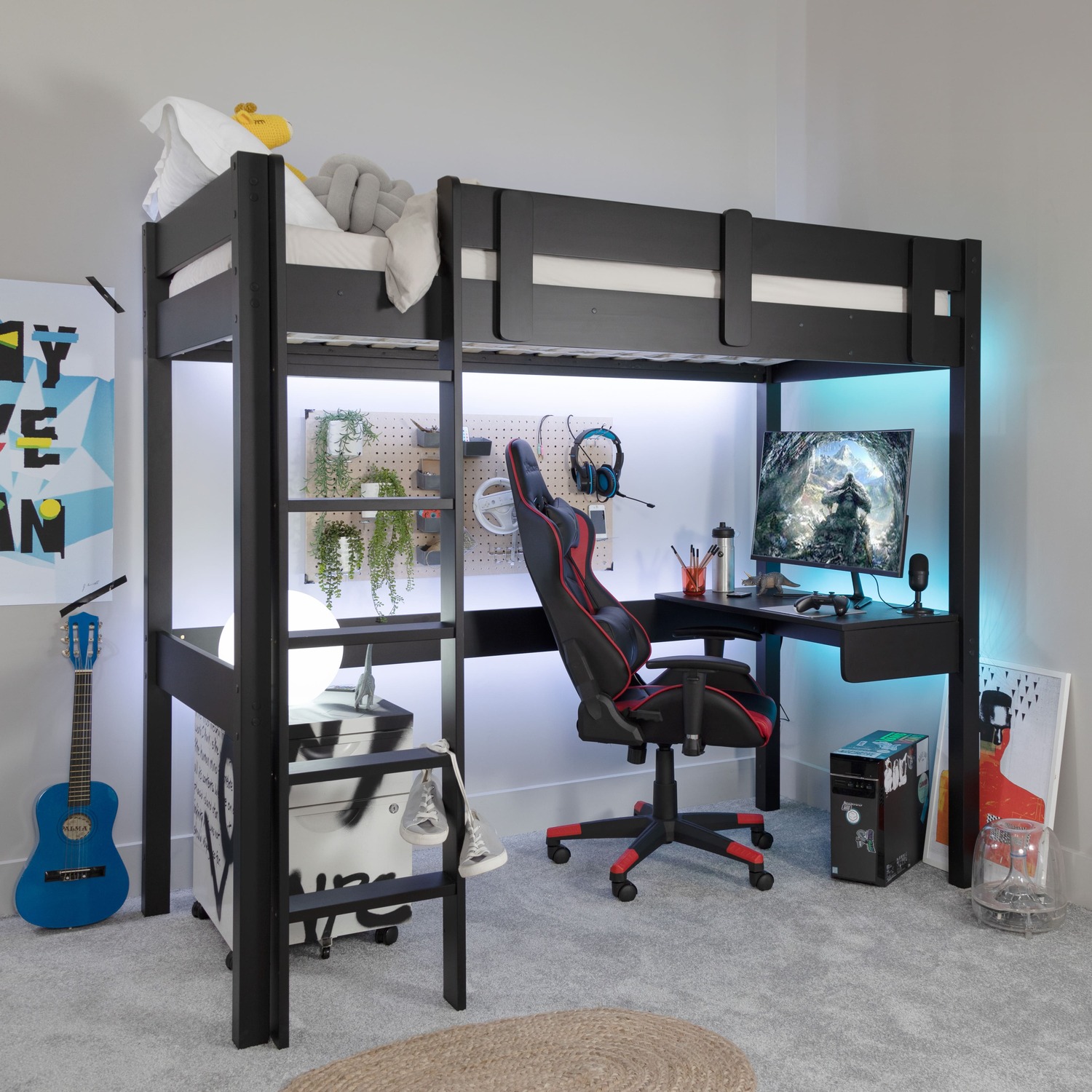 Gaming Station High Sleeper Kids Solid Wood Bed In Black Storm - Black