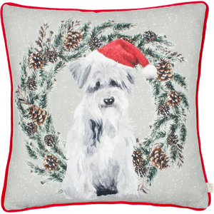 Christmas Dog Wreath Printed Cushion