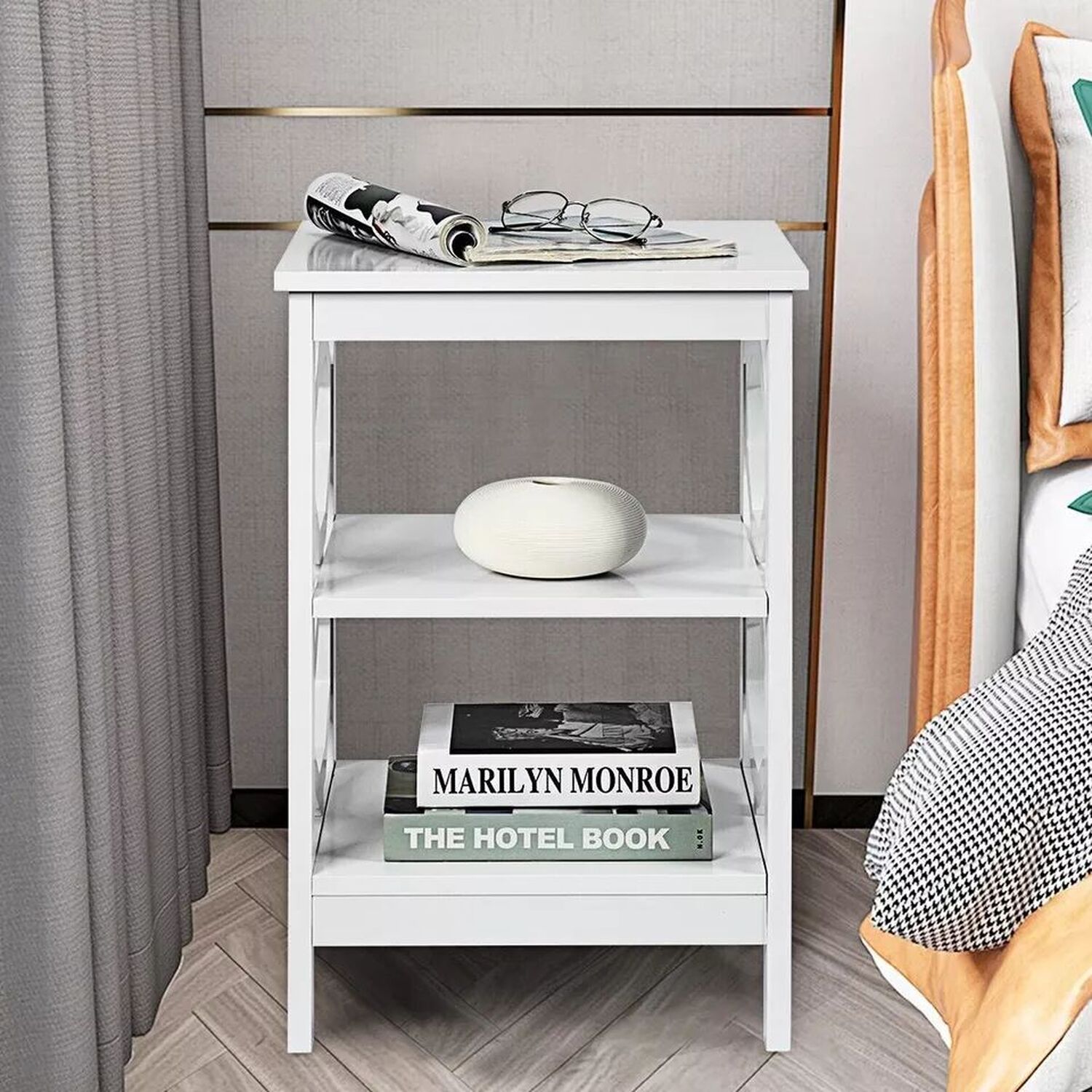 White Modern Bedside Table With 2 Shelves - White