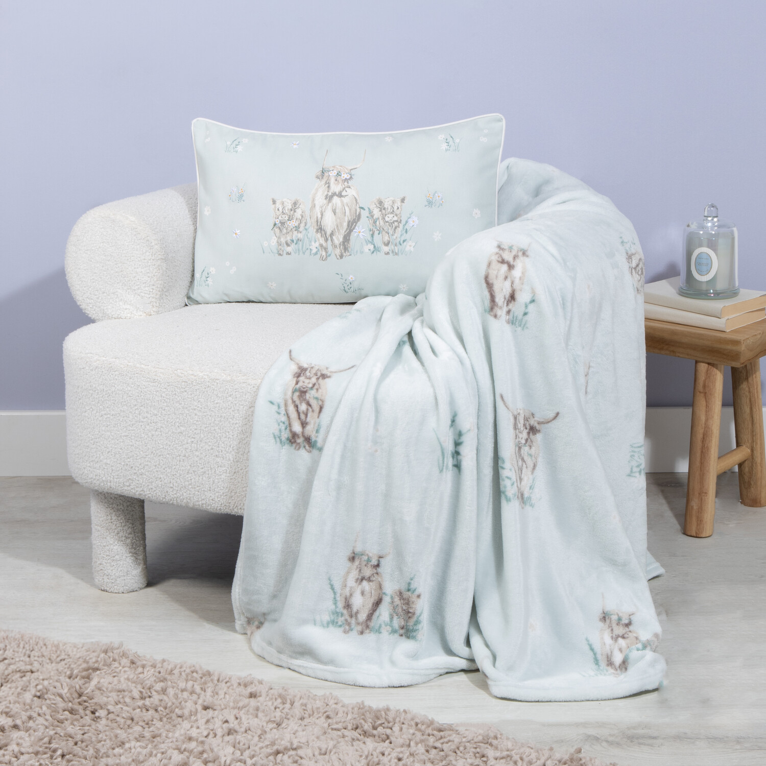 Highland Cow Printed Fleece Throw - Blue