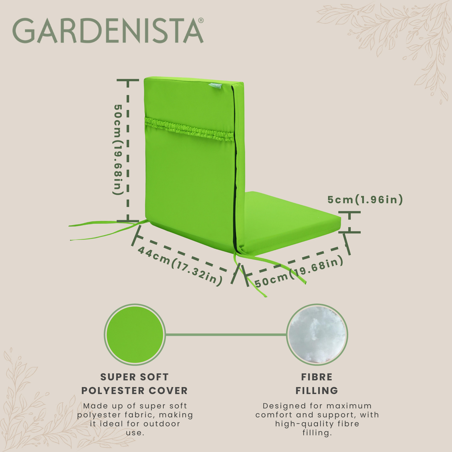 Outdoor High Back Garden Chair Seat Cushion Pad With Ties - Lime 4