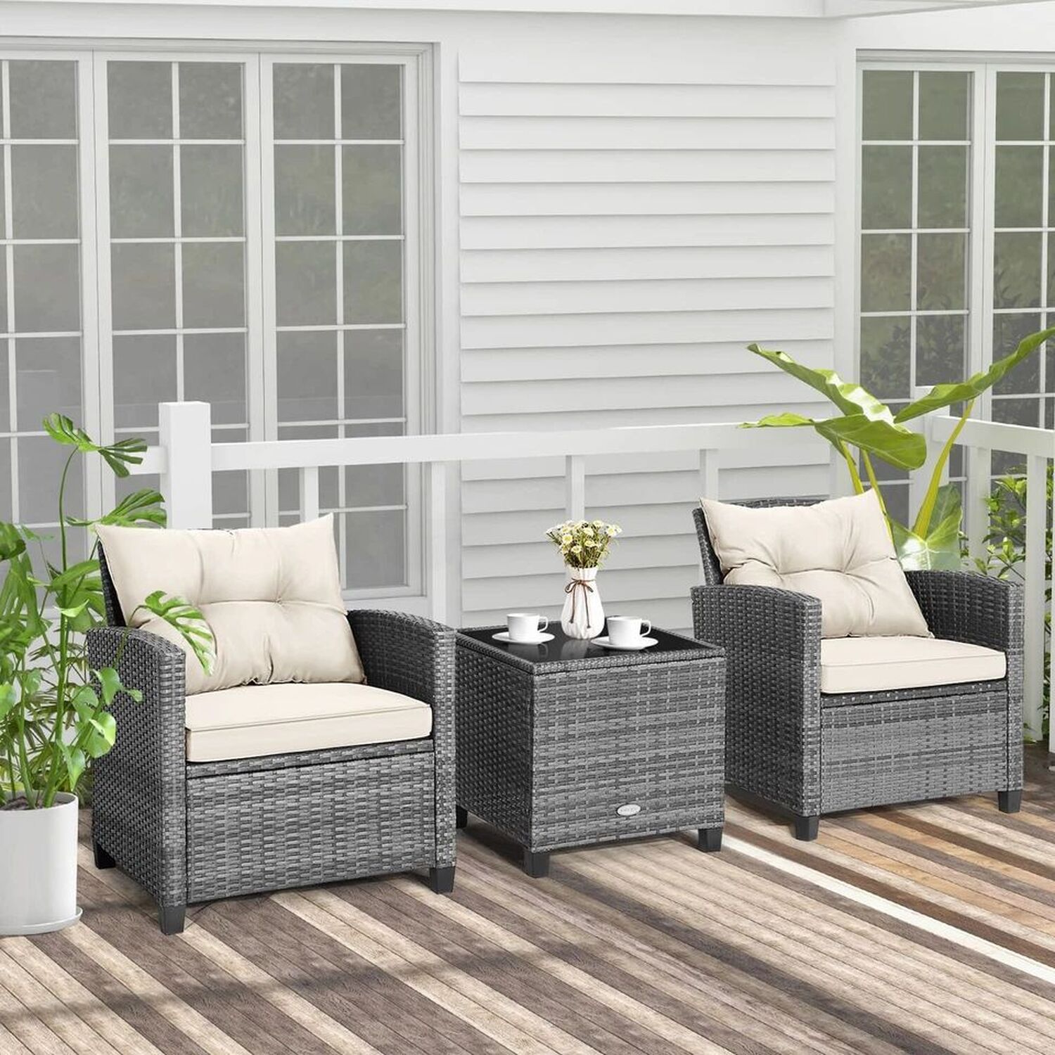 3 Piece Patio Rattan Chair And Table Set Outdoor Wicker Bistro - White