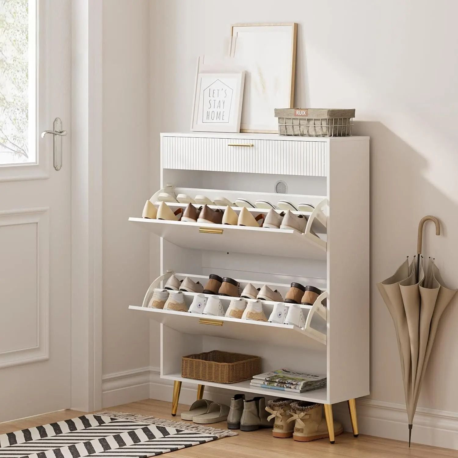 Shoe Cabinet Storage With 2 Flip Drawers White - White