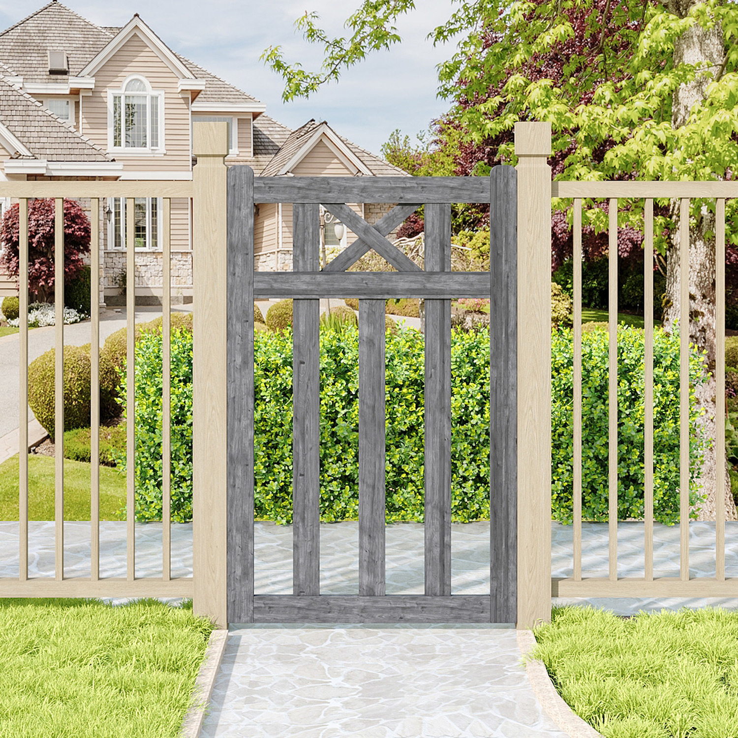 Livingandhome Outdoor Timber Single Crosshead Garden Gate - Grey / 76Cm / 120Cm