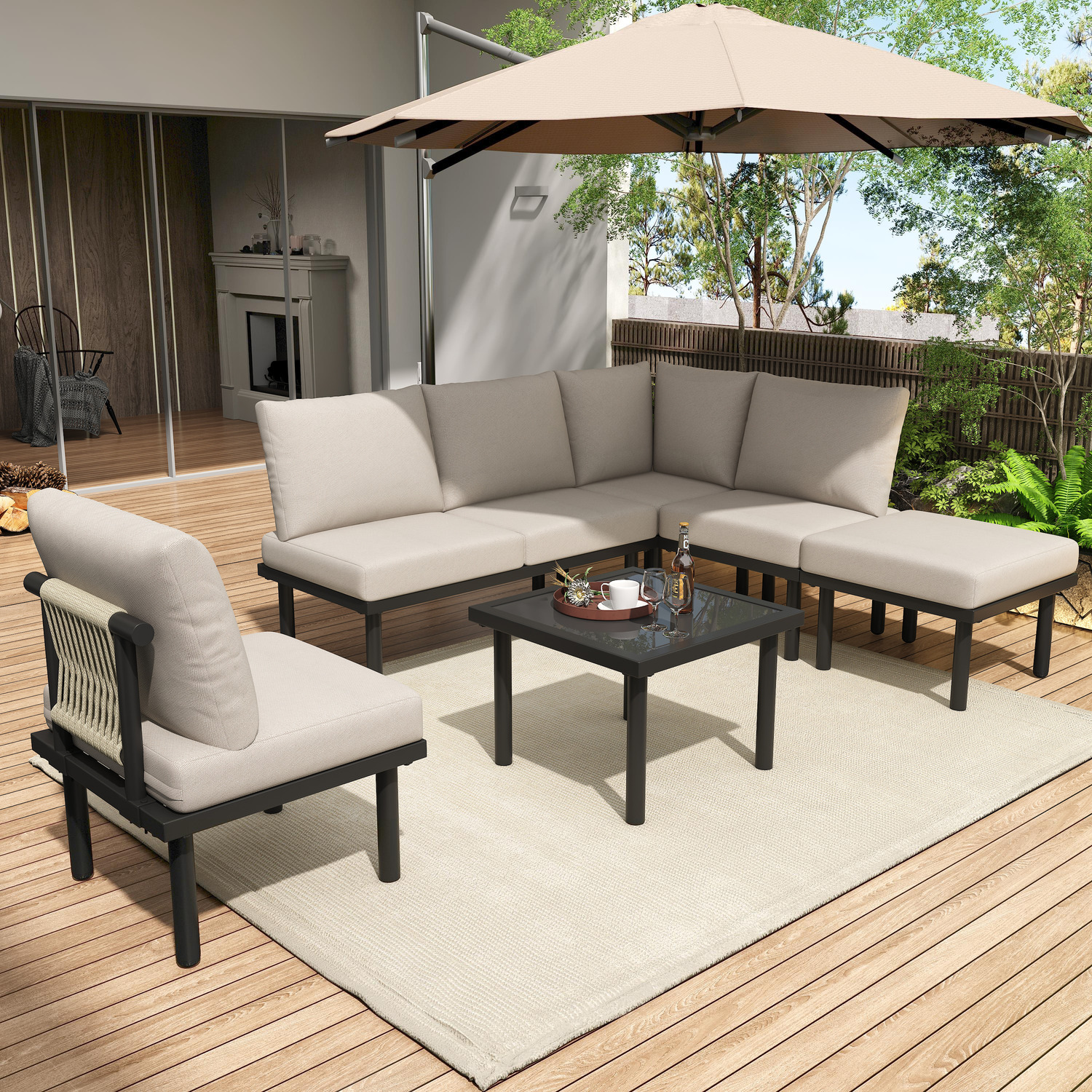 Handwoven Rope 6 Seater Garden Lounge Set With Coffee Table - Beige