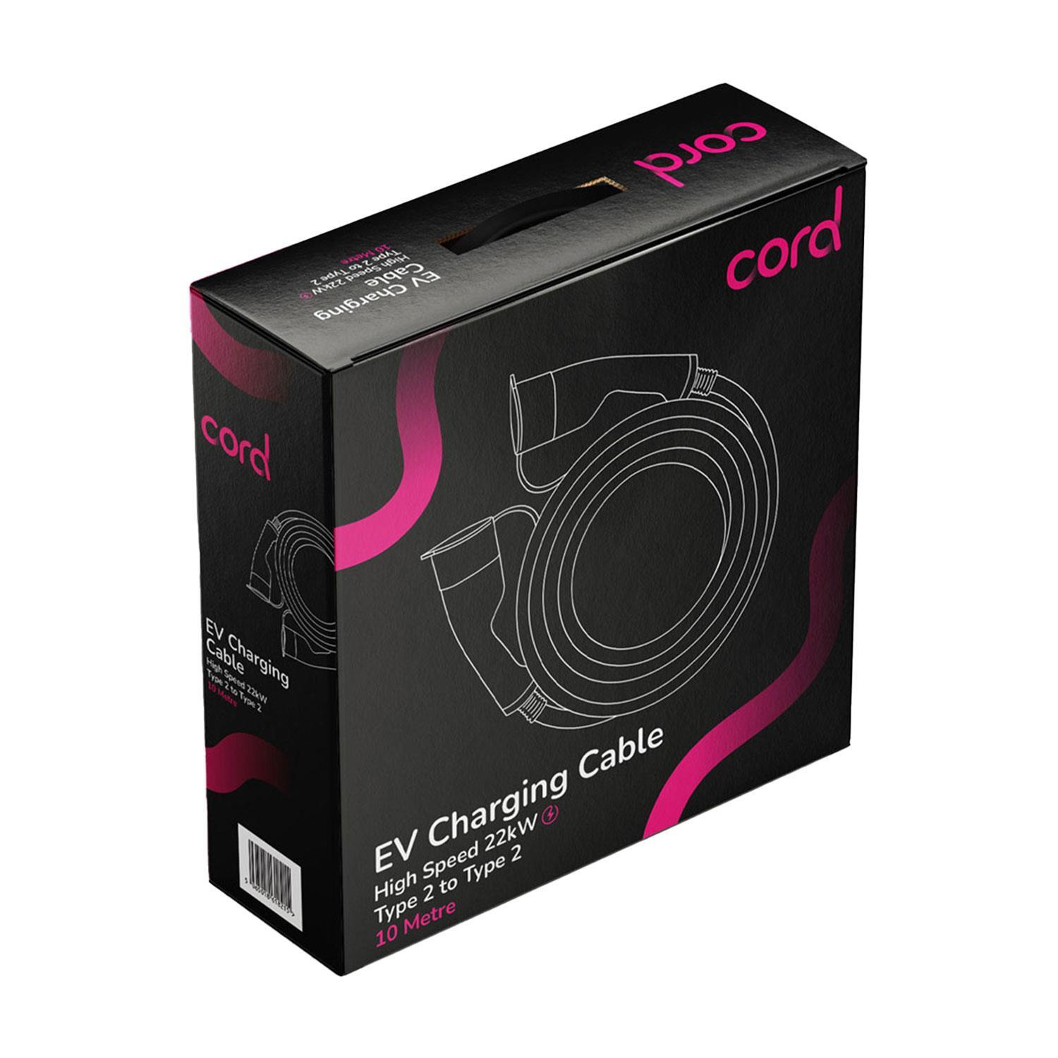 Cord EV Charging Cable Type 2 to Type 2 Three Phase Cable 230v 22kw 10 Metre - Black