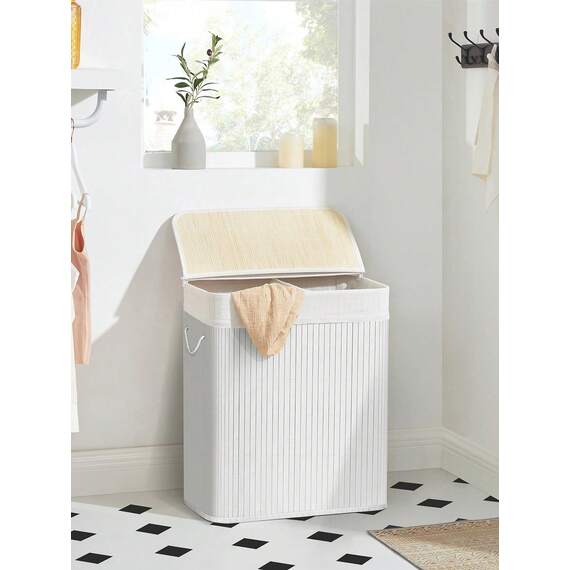 SONGMICS Bamboo Laundry Basket with 2 Sorting Compartments
