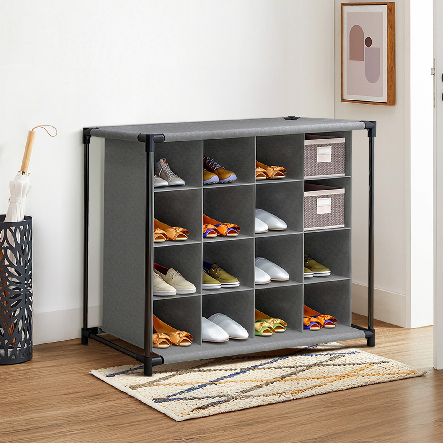 The Hot Sale Freestanding 4-Tier 16-Grid Non-Woven Shoes Rack - Grey