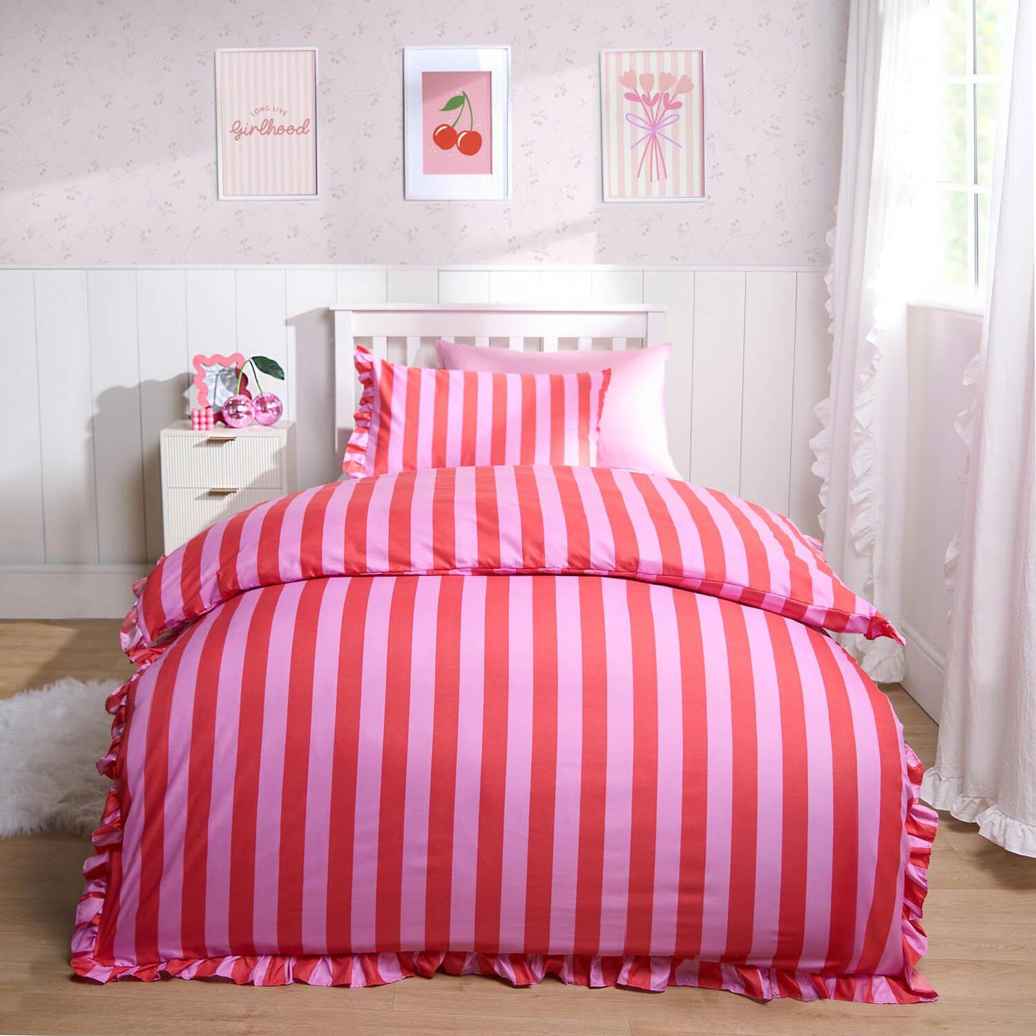 Stripe Frill Duvet Cover Set - Blush Pink Double