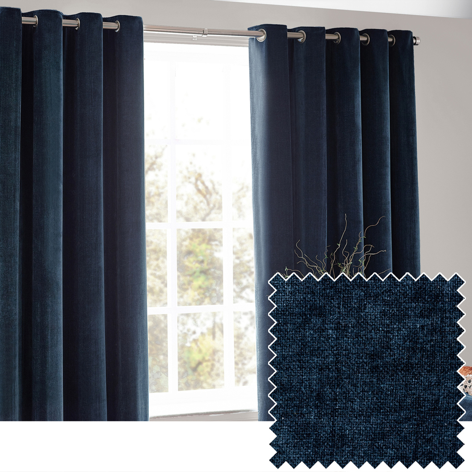 Heavy Chenille Velvet Room Darkening Eyelet Curtains - Navy / 137cm / 168cm
