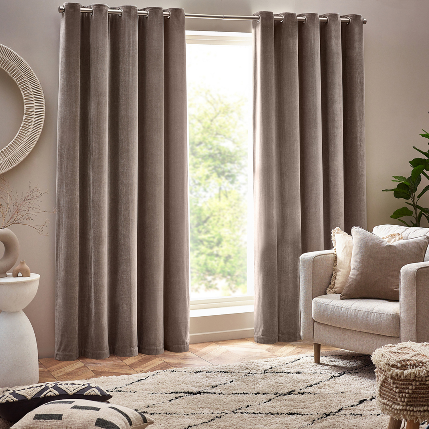Heavy Chenille Velvet Room Darkening Eyelet Curtains - Greige / 183cm / 168cm