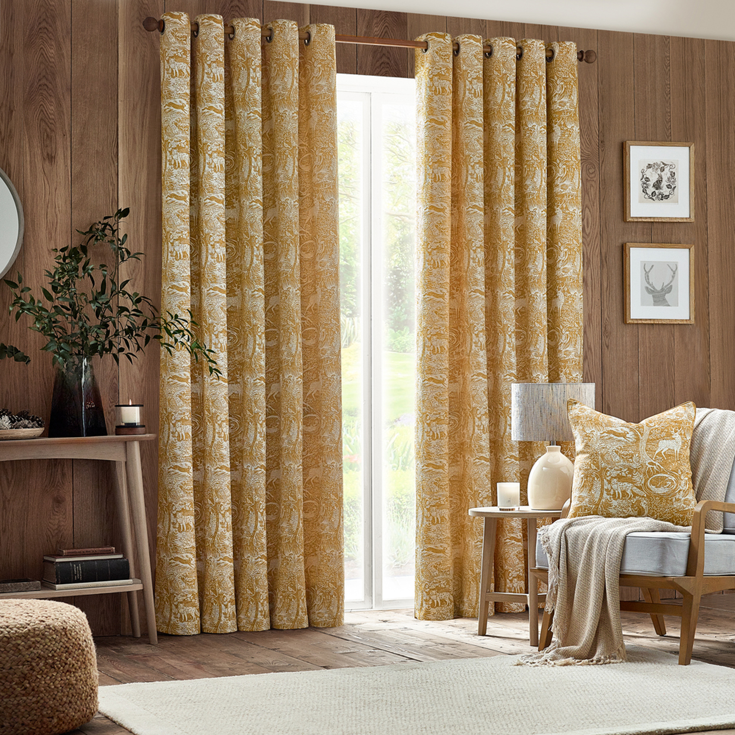 Set of 2 Winter Woods Chenille Eyelet Curtains - Ochre / 183cm / 229cm