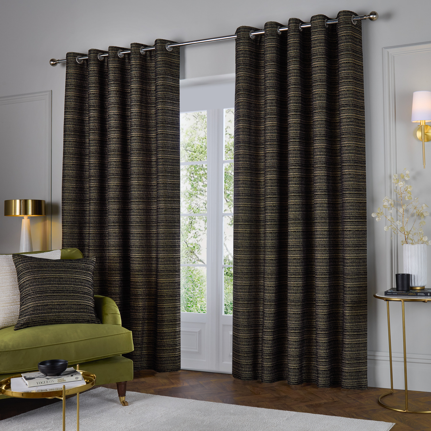 Set of 2 Jupiter Chenille Jacquard Eyelet Curtains - Black/Gold / 229cm / 137cm