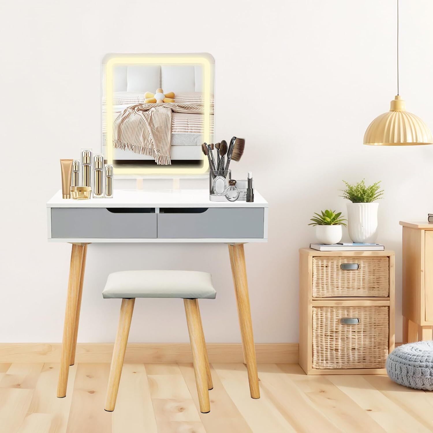 Vanity Dressing Table Set With Rectangle Led Light Mirror Grey - Grey