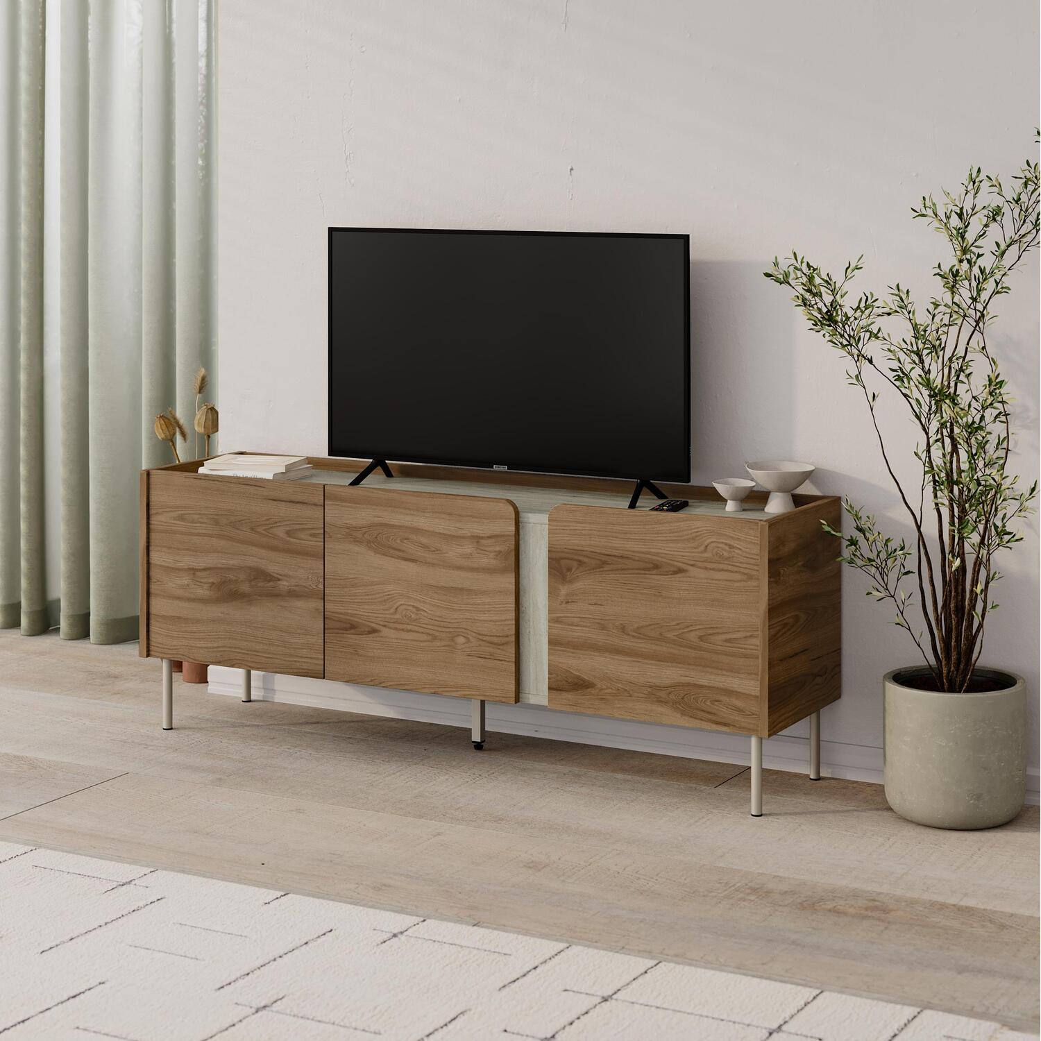 Decortie Modern TV Stand with 3 Soft-Close Doors for 50 Inch TVs - Travertine, Whiskey Oak