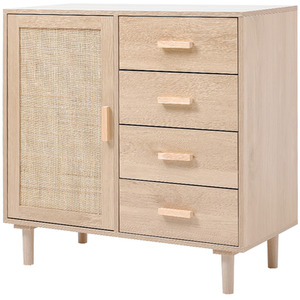 Wooden Side Cabinet with Rattan Accents for Living Room
