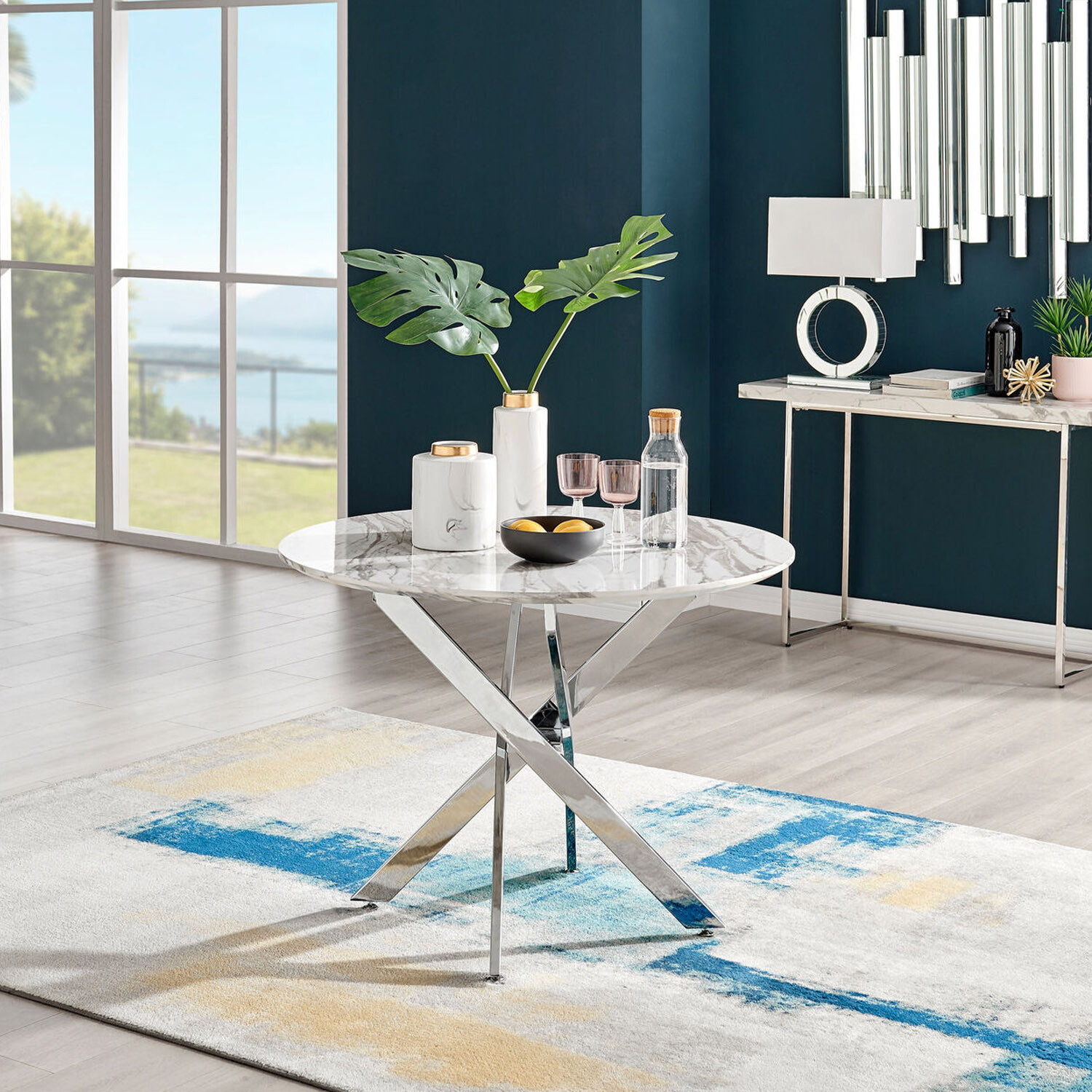 Novara 100cm White Marble Effect Table with Chrome Legs - White Marble