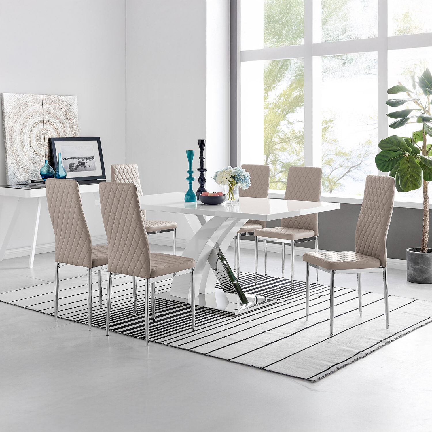 Furnitureboxuk Atlanta Modern High Gloss White Dining Table And 6 Milan Chairs Set - Cappuccino