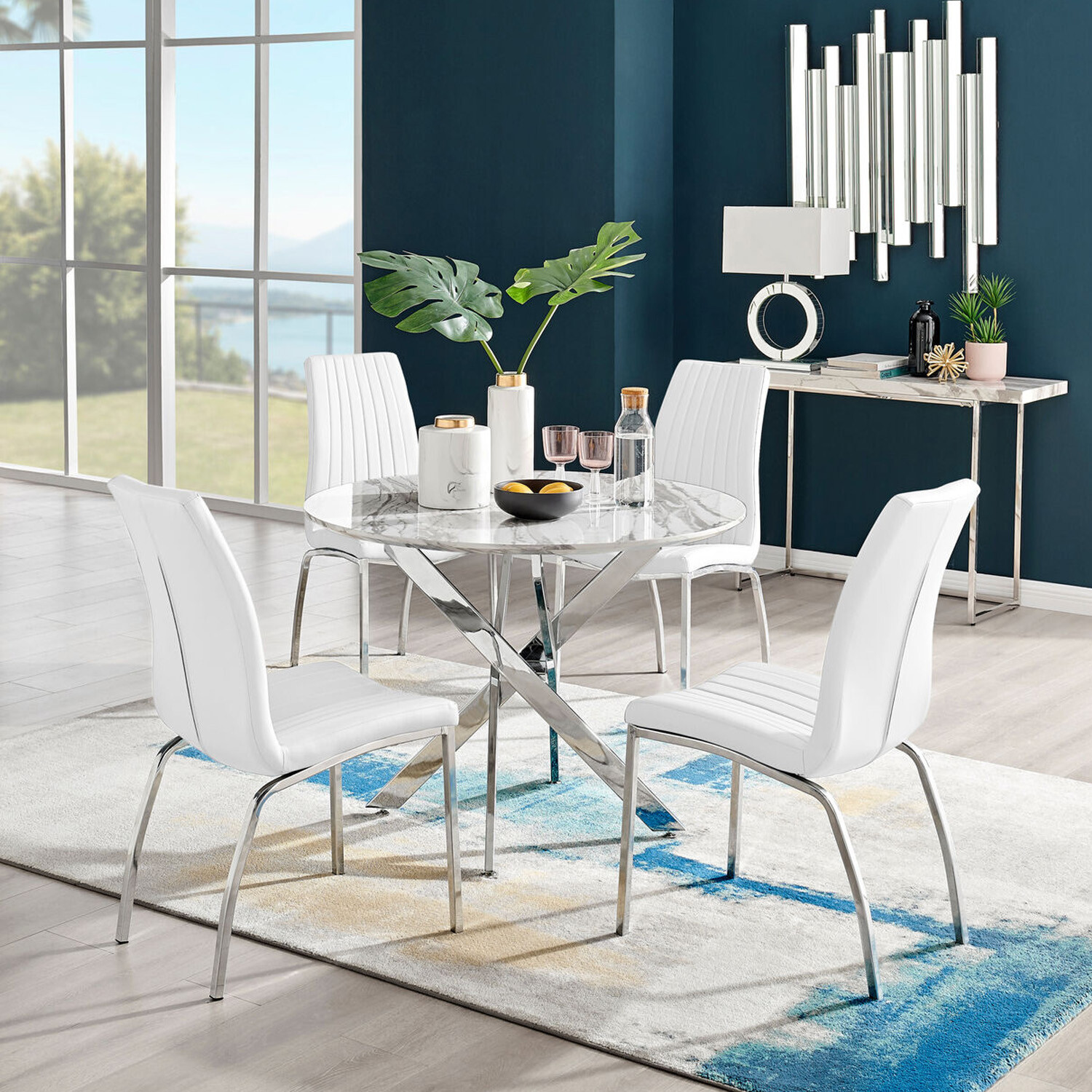 Novara White Marble Effect Dining Table  4 Isco Chairs - White