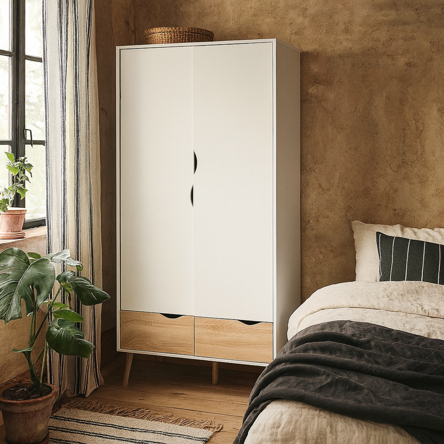 Wyld Haus Sapporo 2-Door 2-Drawer Wardrobe, White and Natural Oak - White and Natural