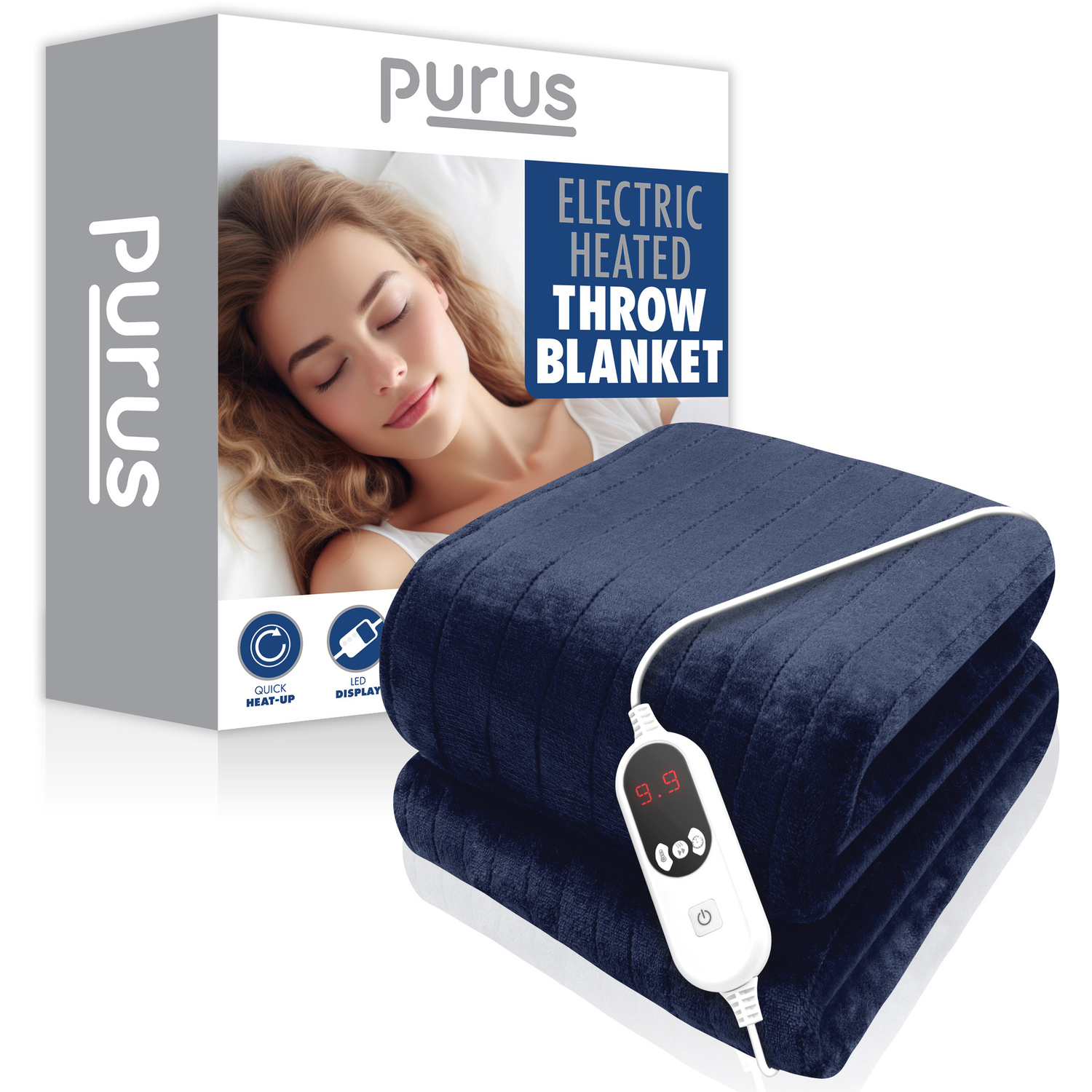 Purus Deluxe Navy Blue XL Electric Throw Heated Double Over Blanket Soft Fleece Variable Heat & Timer Settings, Blue