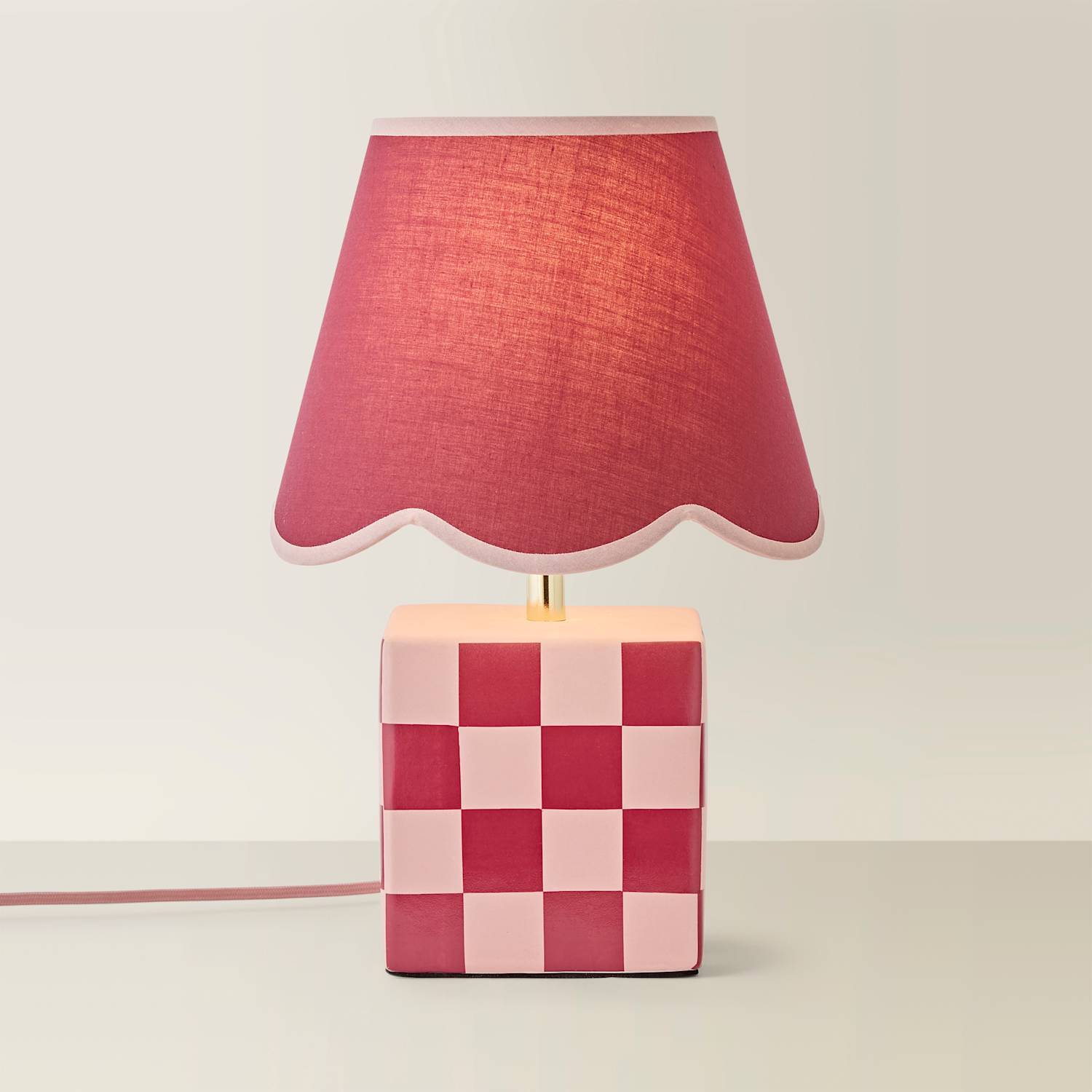 Valuelights Unisex Burgundy Evie Check Cube Table Lamp W/ Trim Linen Scallop Lamp Shade & Bulb In - Image 4