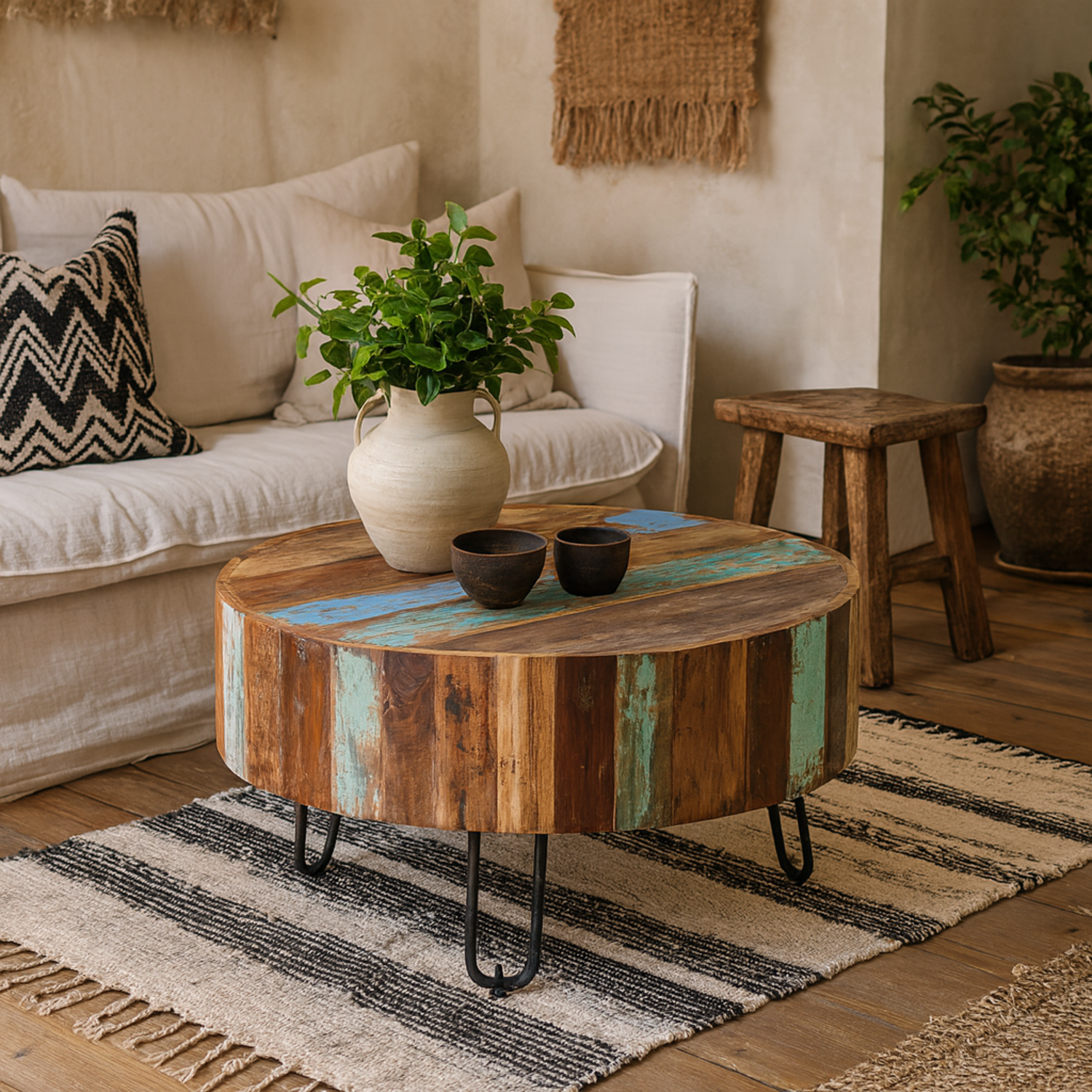 Seattle Reclaimed Wood Drum Coffee Table Diameter - Brown