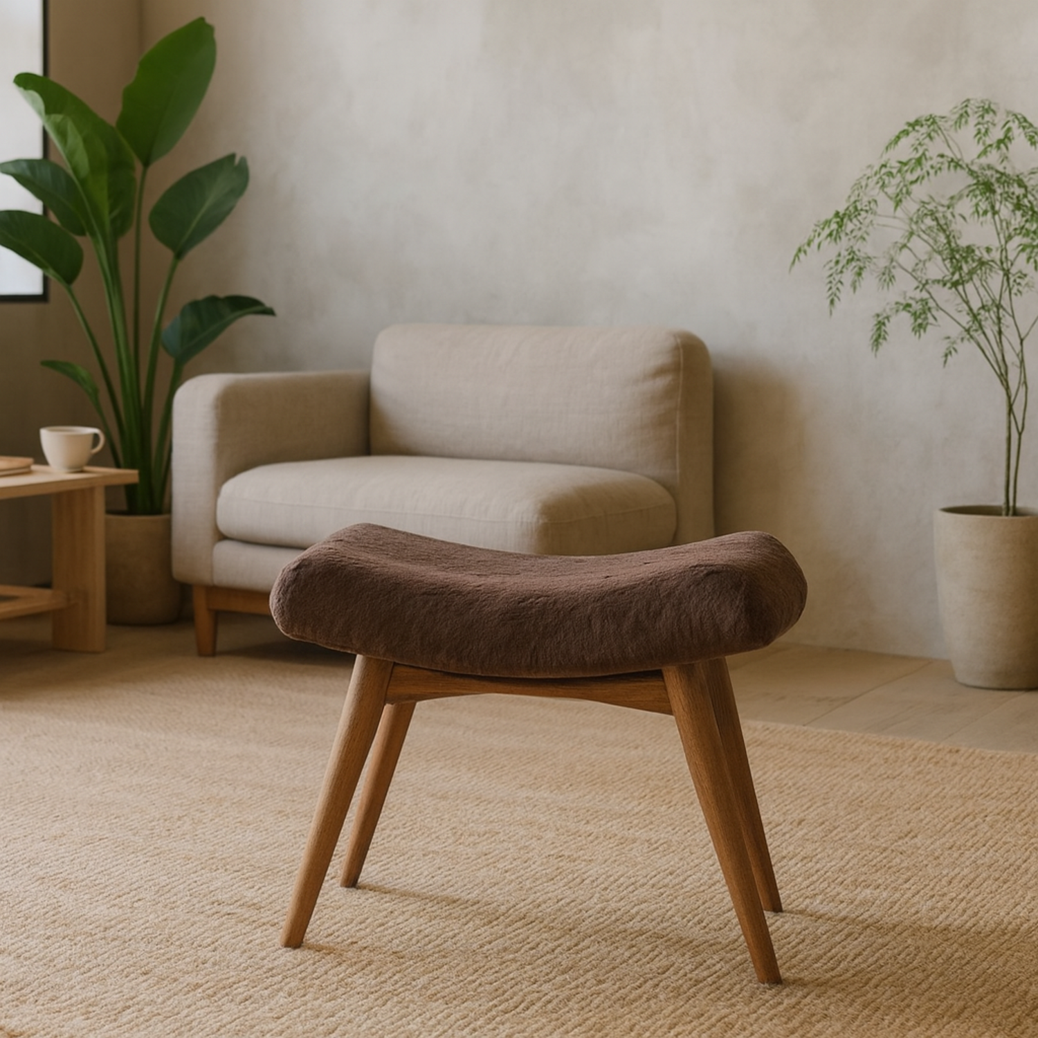 Rome Curved Faux Fur Bench Mocha Seat Mango Wood Legs - Brown