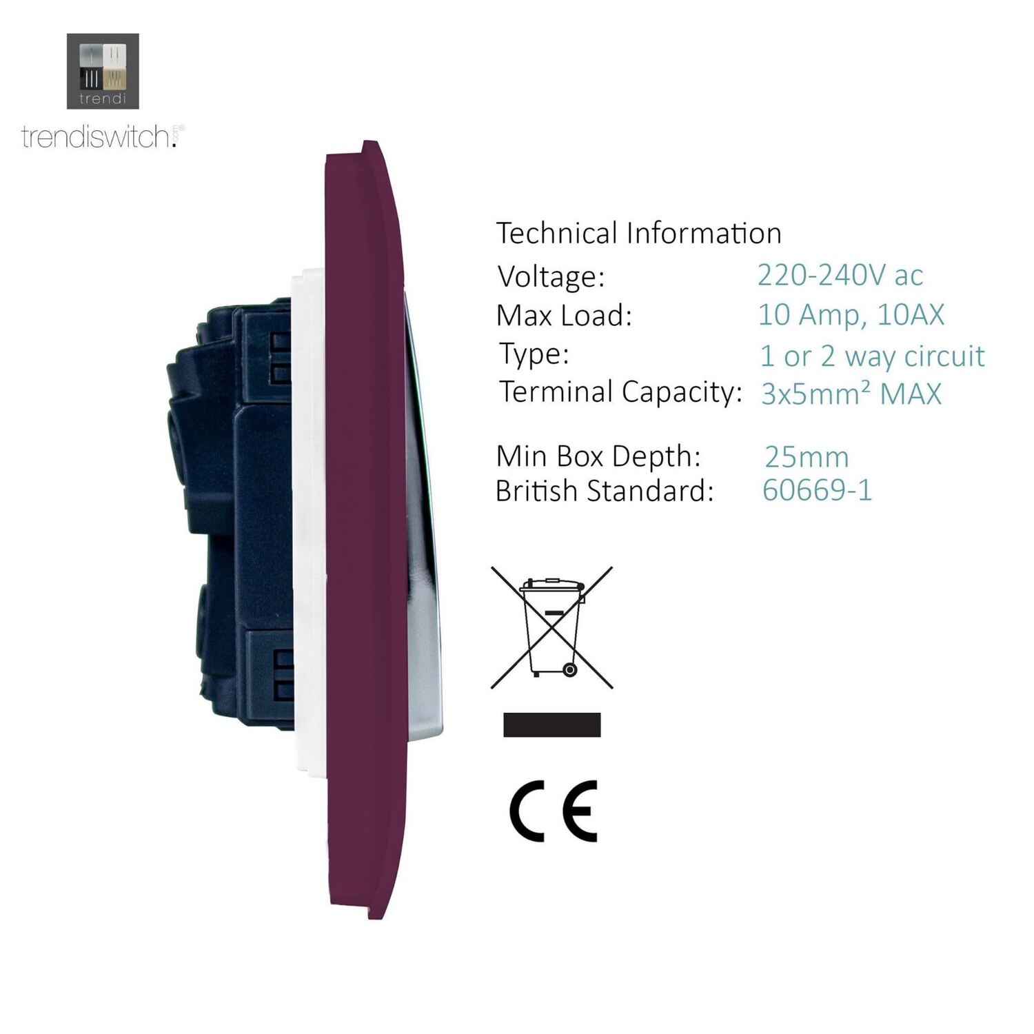 Trendi Switch Trendi 3 Gang 2 Way Artistic Modern Glossy 10 Amp Rocker Tactile Light Switch Plum - Image 5