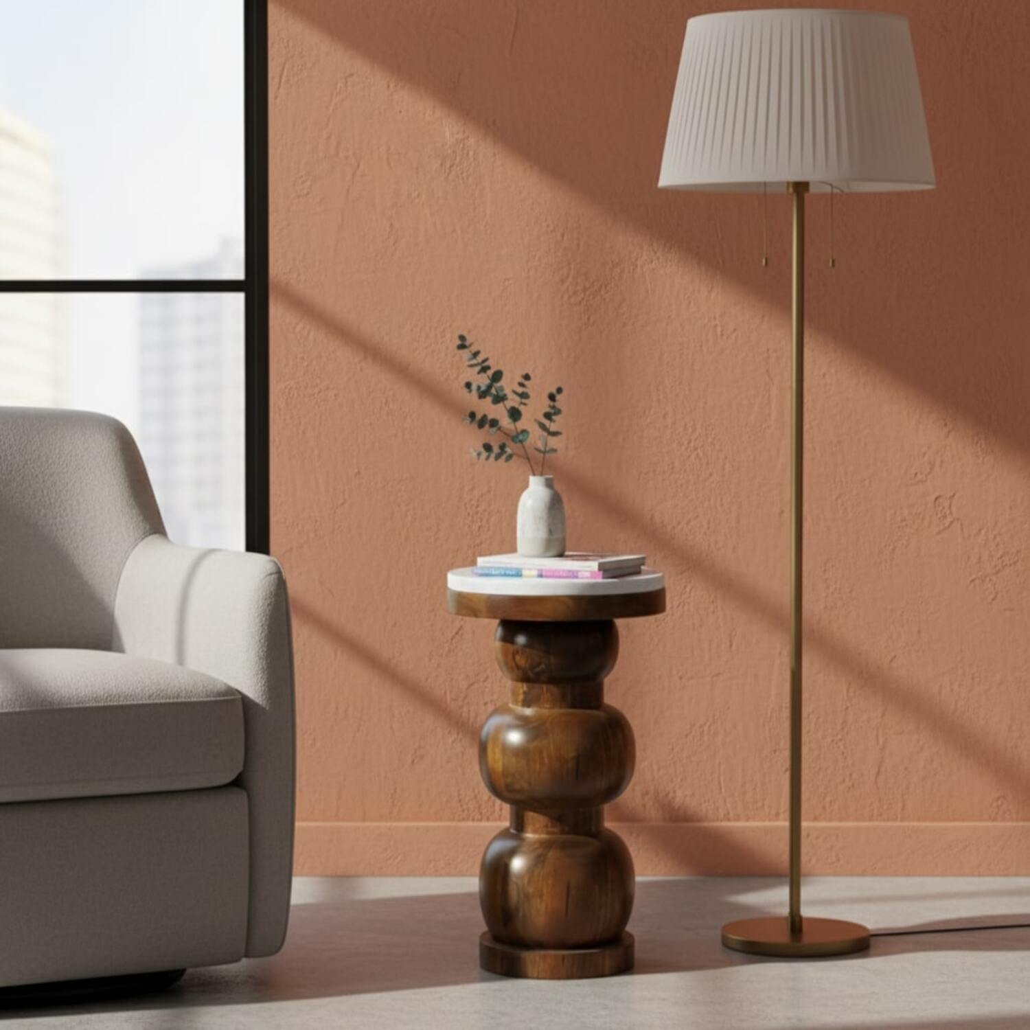 Artisan Furniture Solid Wood Marble Top Bulla Side Table, Brown &amp; White, Brown