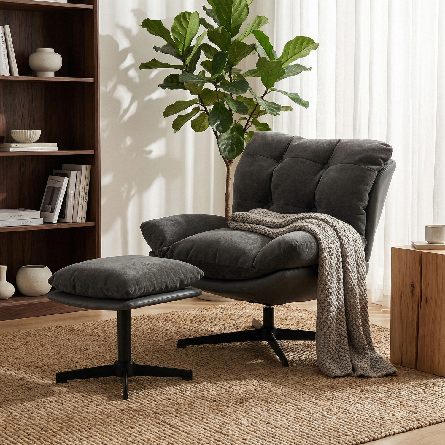 Homcom Accent Chair With Footstool, Modern Swivel Lounge Chair, Dark Grey - Dark Grey