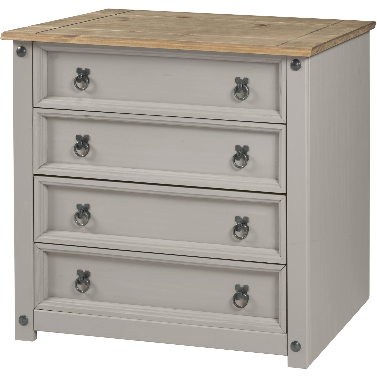 Mercers Furniture Corona Grey Wax Small 4 Drawer Chest Of Drawers Solid Pine With Mexican Styling, Grey
