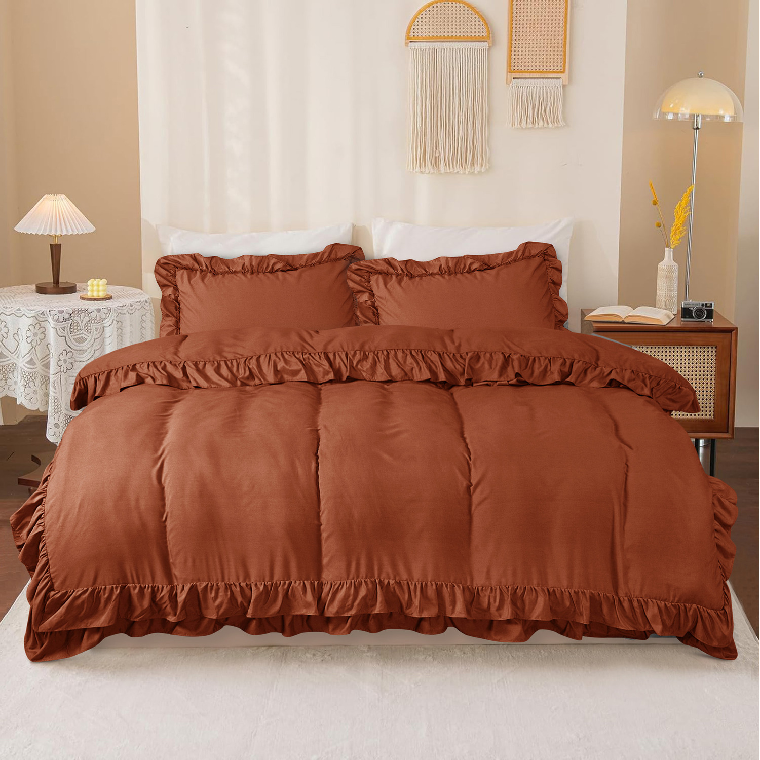 New Ruffled Borders Duvet Cover Set - Rust Double