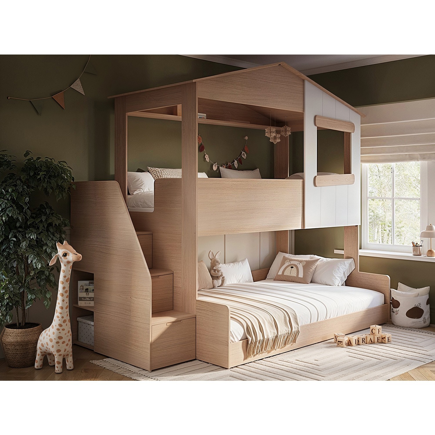 Flair Dreamland Oak Play House Triple Bunk Bed With Staircase - Image 2