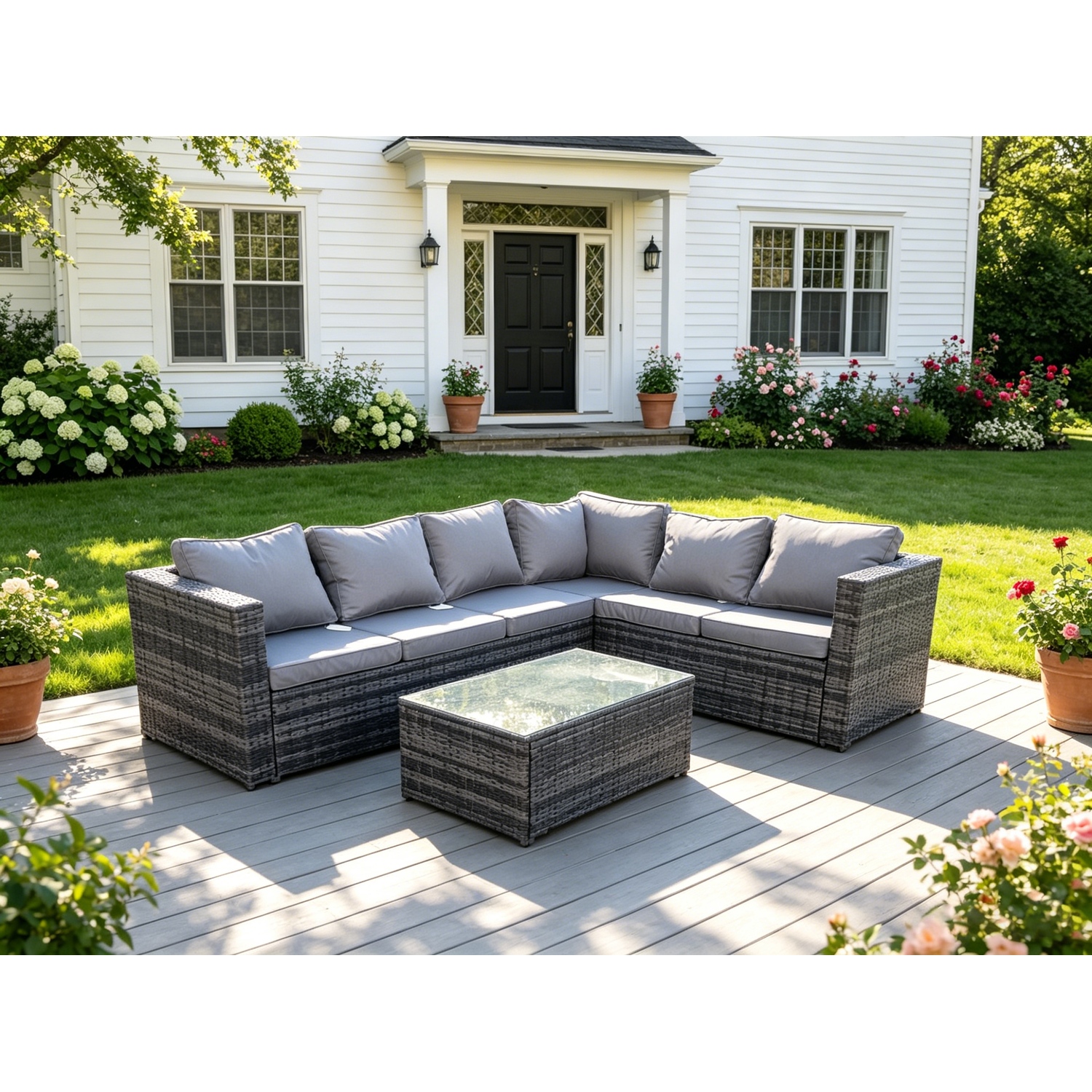 Fimous Rattan Corner Sofa Set Coffee Table 6 Seater