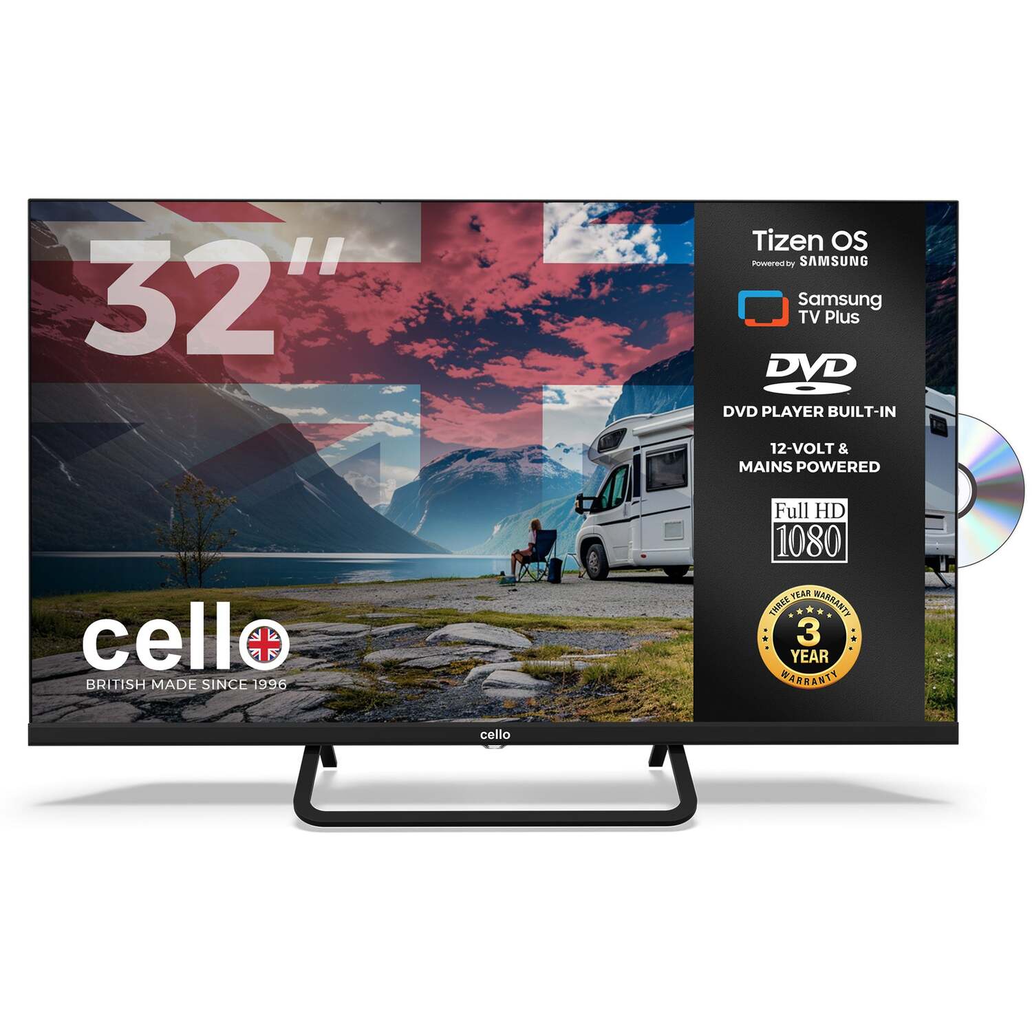 Cello 32 Inch Smart Samsung Plus 12-Volt Traveller Tv With Dvd Player - Black