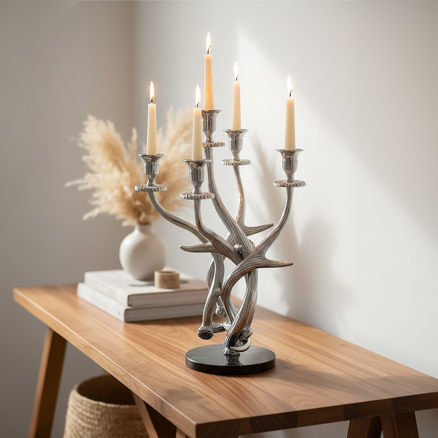 Orsina Antler 5 Arm Candelabra With Black Marble Base - Silver