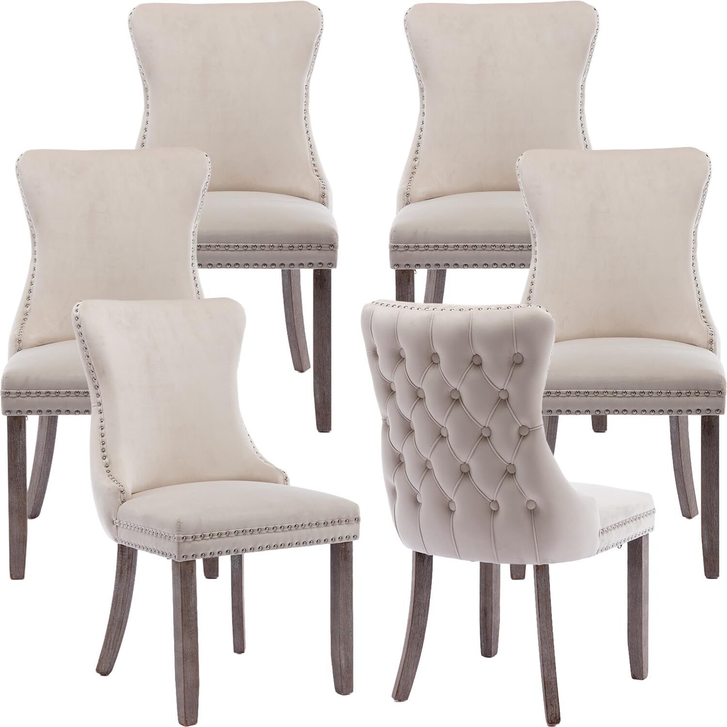 Modern Home Store Set Of 6 Sierra Wing Back Velvet Tufted Dining Chairs With Oak Wood Legs - Beige - Image 1