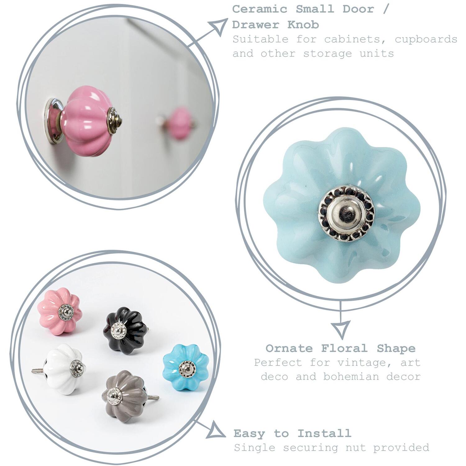 Nicola Spring Floral Ceramic Cabinet Knobs - Pack of 12 in White | Size: 1000mm x 500mm