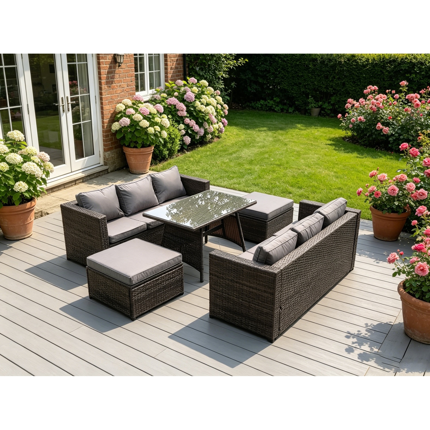 Rackhams Dark/Grey 8 Seater Rattan Outdoor Dining Set With Dining Table, 2 Sofas & 2 Footstools - Image 2