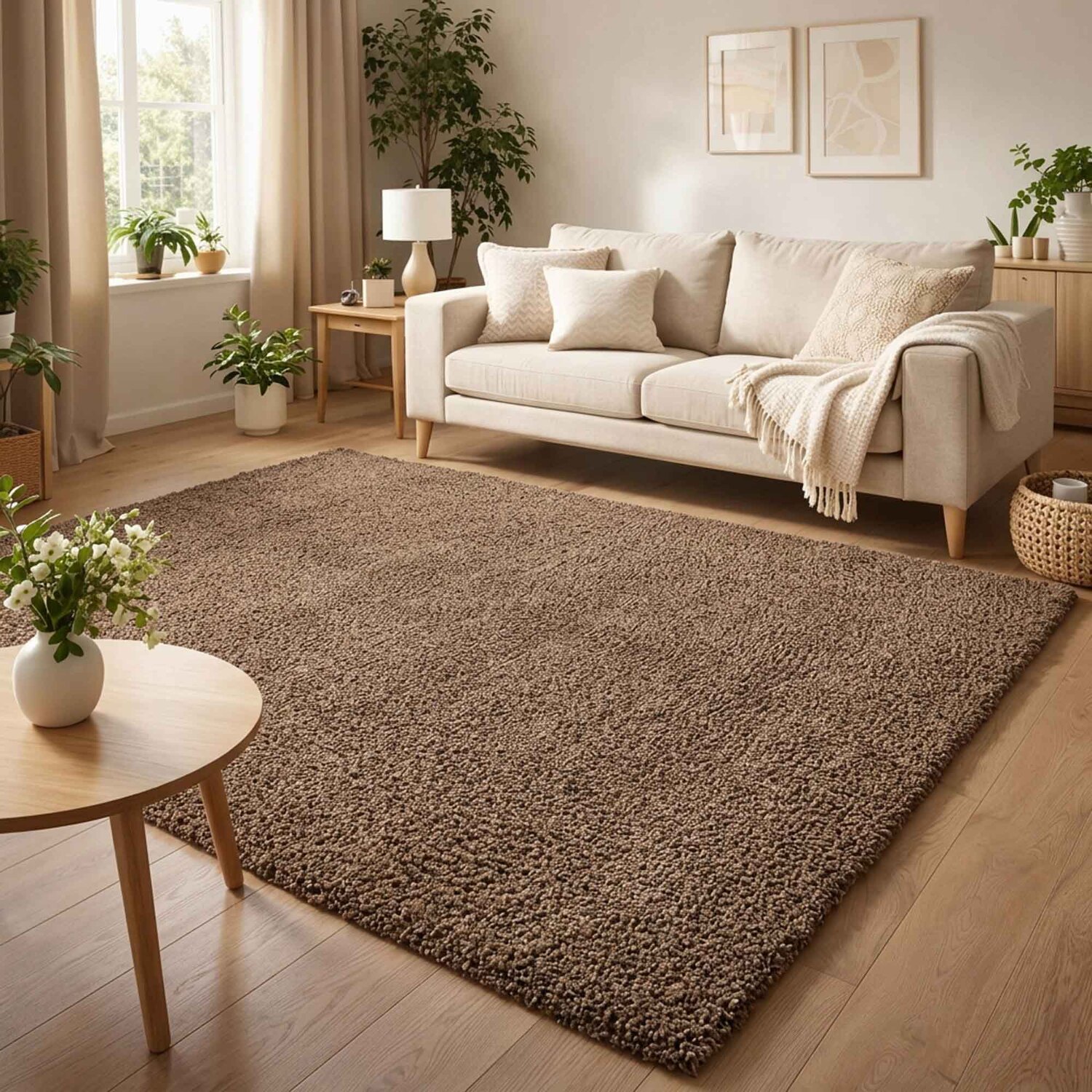Desire Rugs Ainsley Plain Living Room Shaggy Area Rug Modern Soft Pile Polyester Rug - Brown / 150Cm