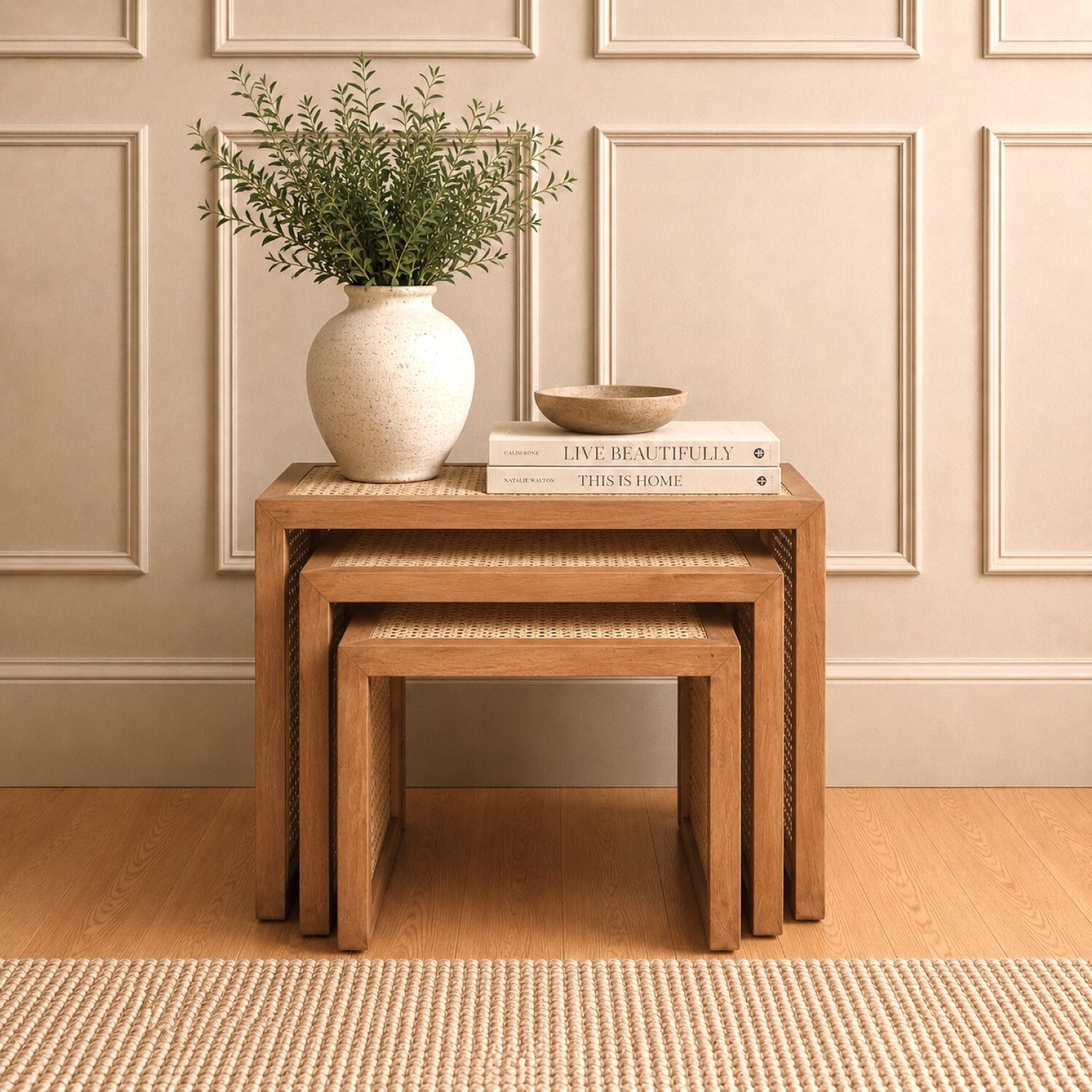 Elm Home And Garden Set Of 3 Solid Mango Wood Nesting Tables With Cane Detail - Light Oak