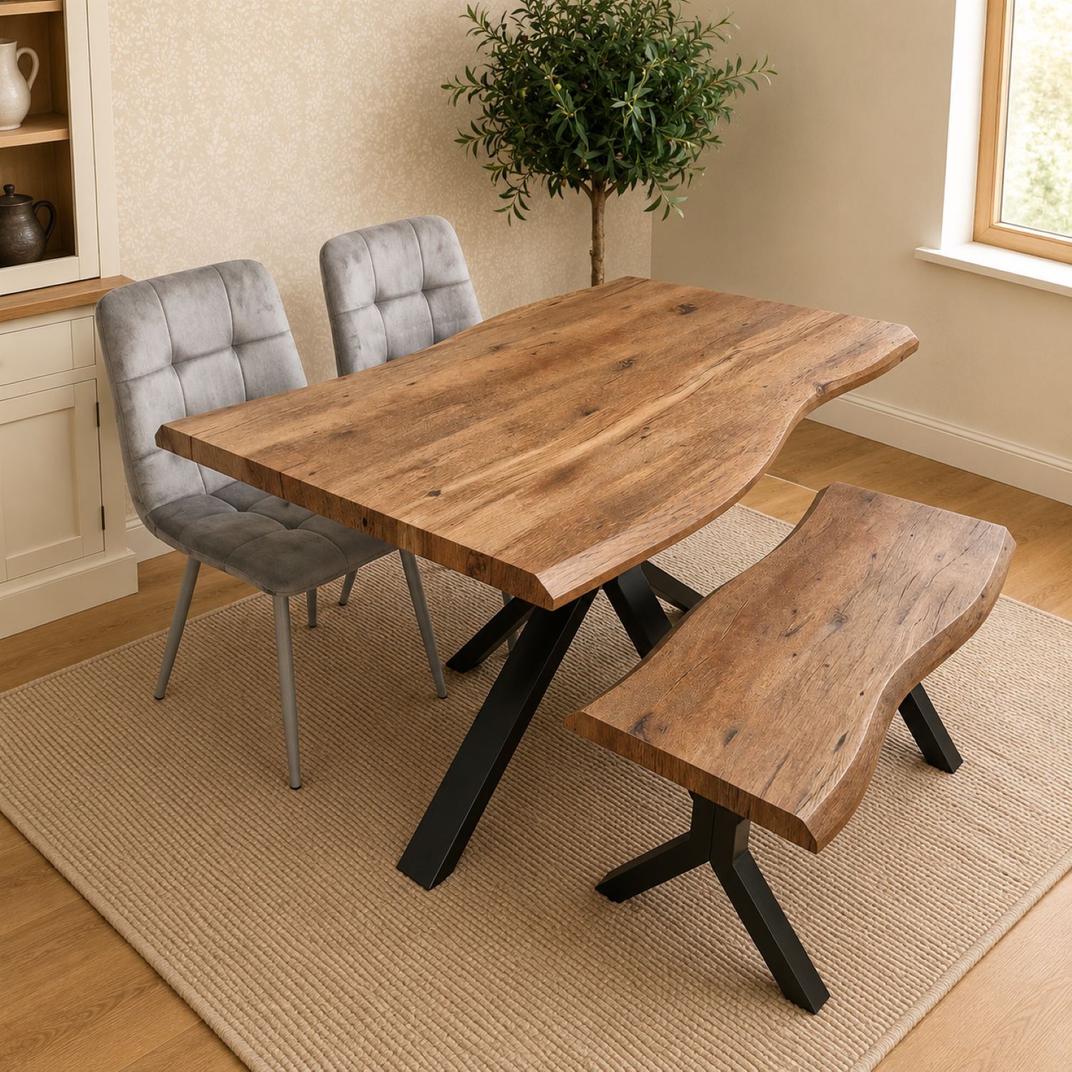 KOSY KOALA 4 Seater Rustic Brown Dining Table with 2 Grey Velvet Chairs & Bench
