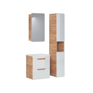 Aruba wall cabinet set 500mm vanity, sink, mirror cabinet and slim tallboy White Gloss & Oak Effect