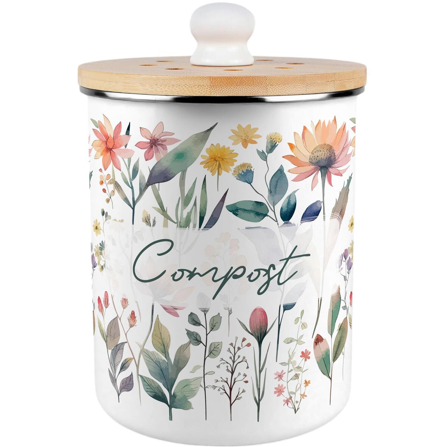 Pastel Flowers Compost Caddy - Enamel 2L Kitchen Food Waste Bin Gift - Image 3