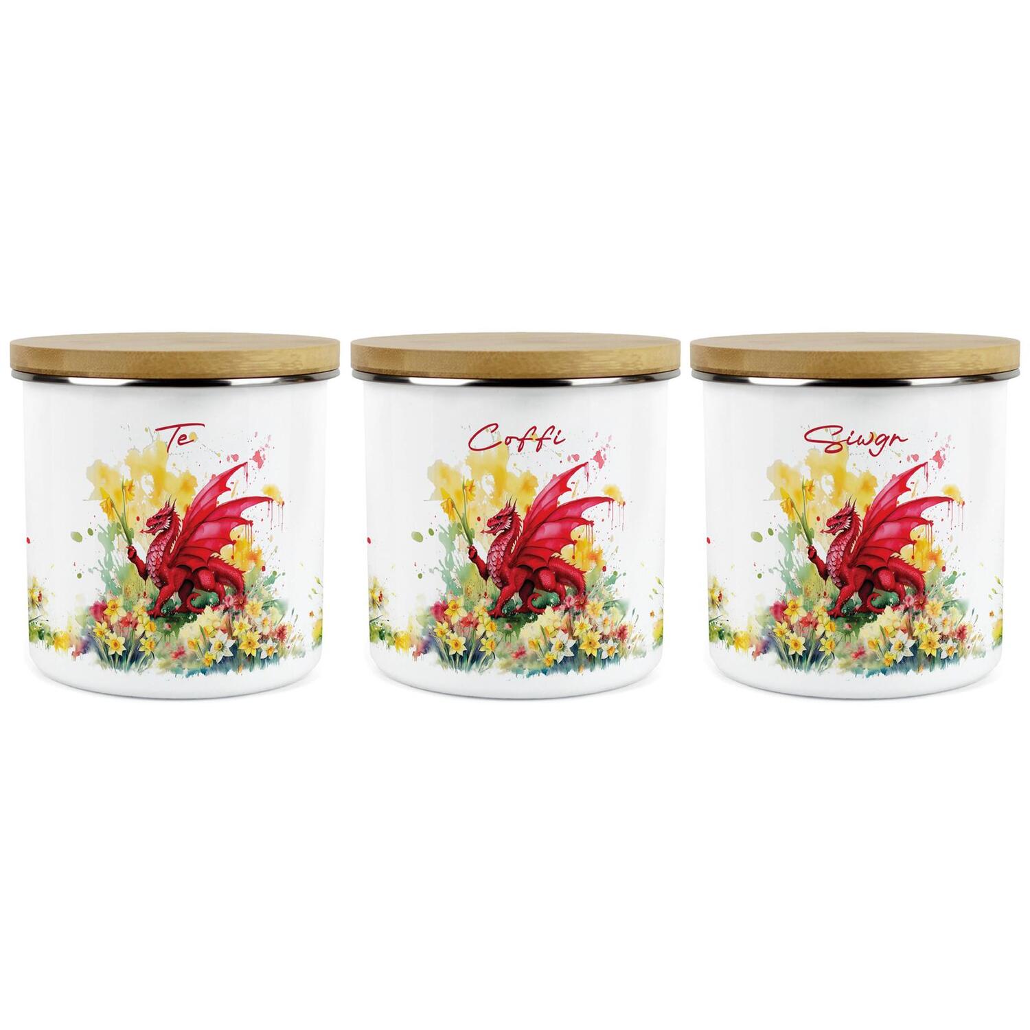 Purely Home Daffodils & Dragon Welsh Tea Coffee Sugar Canisters Set Of 3 - Cymru Wales Te Coffi Siwgr - Red
