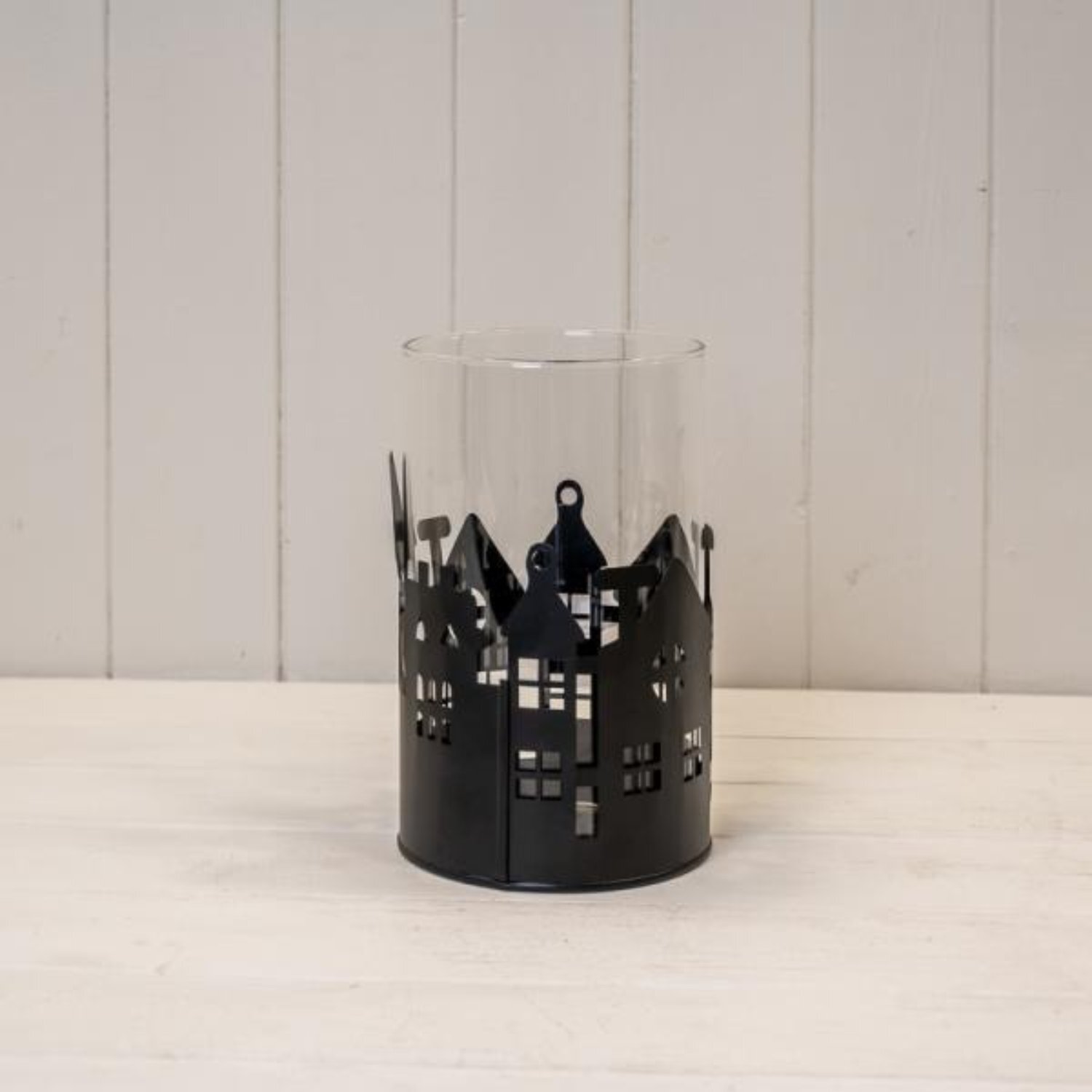 Large Black Metal House Scene Candle Holder with Glass Insert - Black