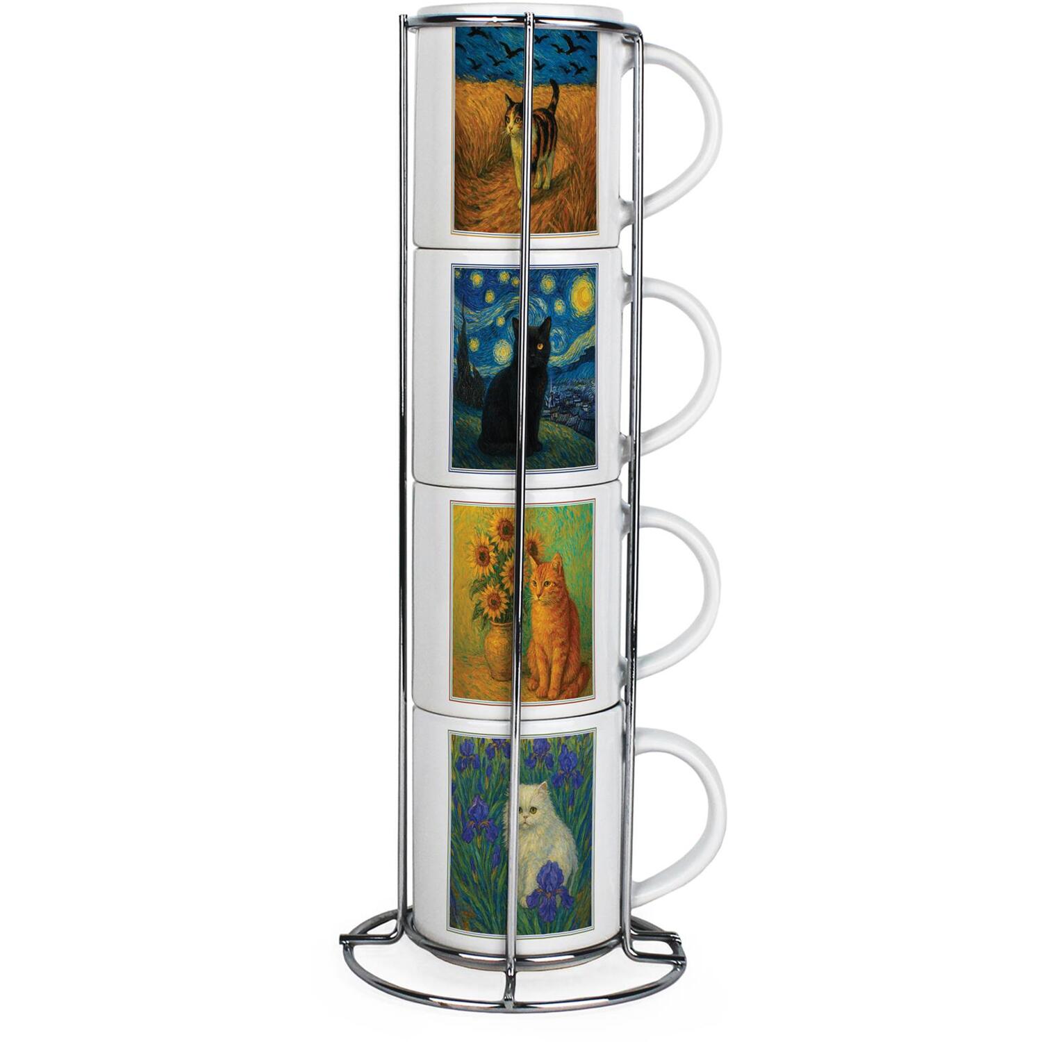 Purely Home Van Gogh Cat Portraits Small Stacking Mugs Gift - Set Of 4 Ceramic Cups With Metal Stand - Multicoloured - Image 1